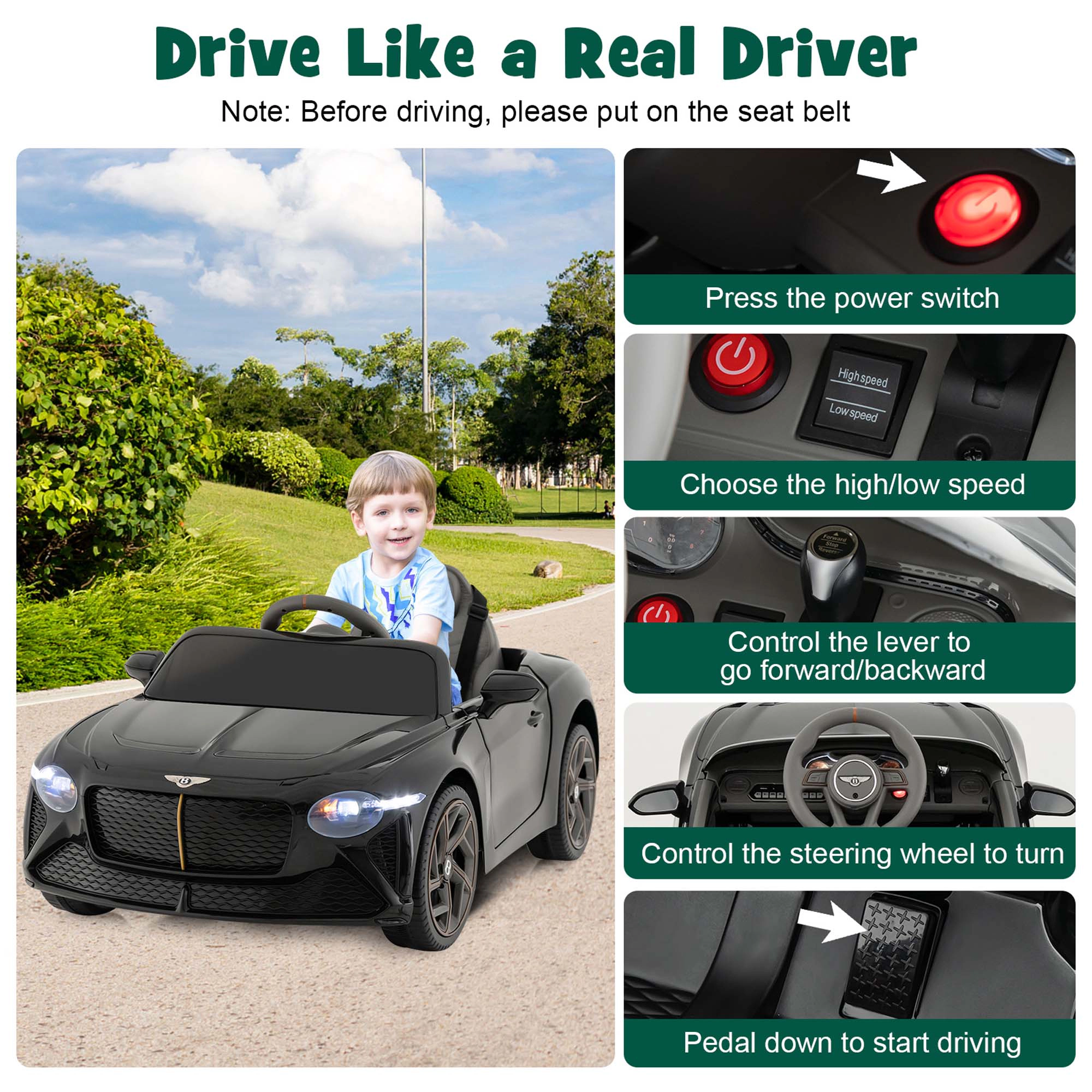Costway 12V Licensed Bentley Bacalar Kids Electric Ride-on Car with Remote Control White
