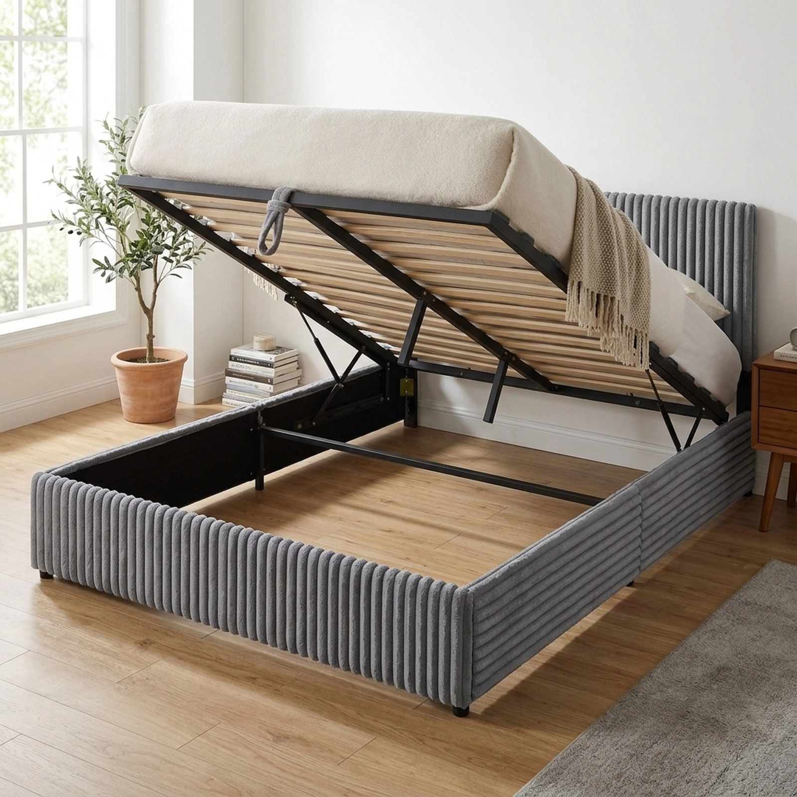Queen Size Lift Up Storage Bed Frame with Corduroy Upholstered Headboard Gas Strut Platform Bed with 12 LVL Slats Gray