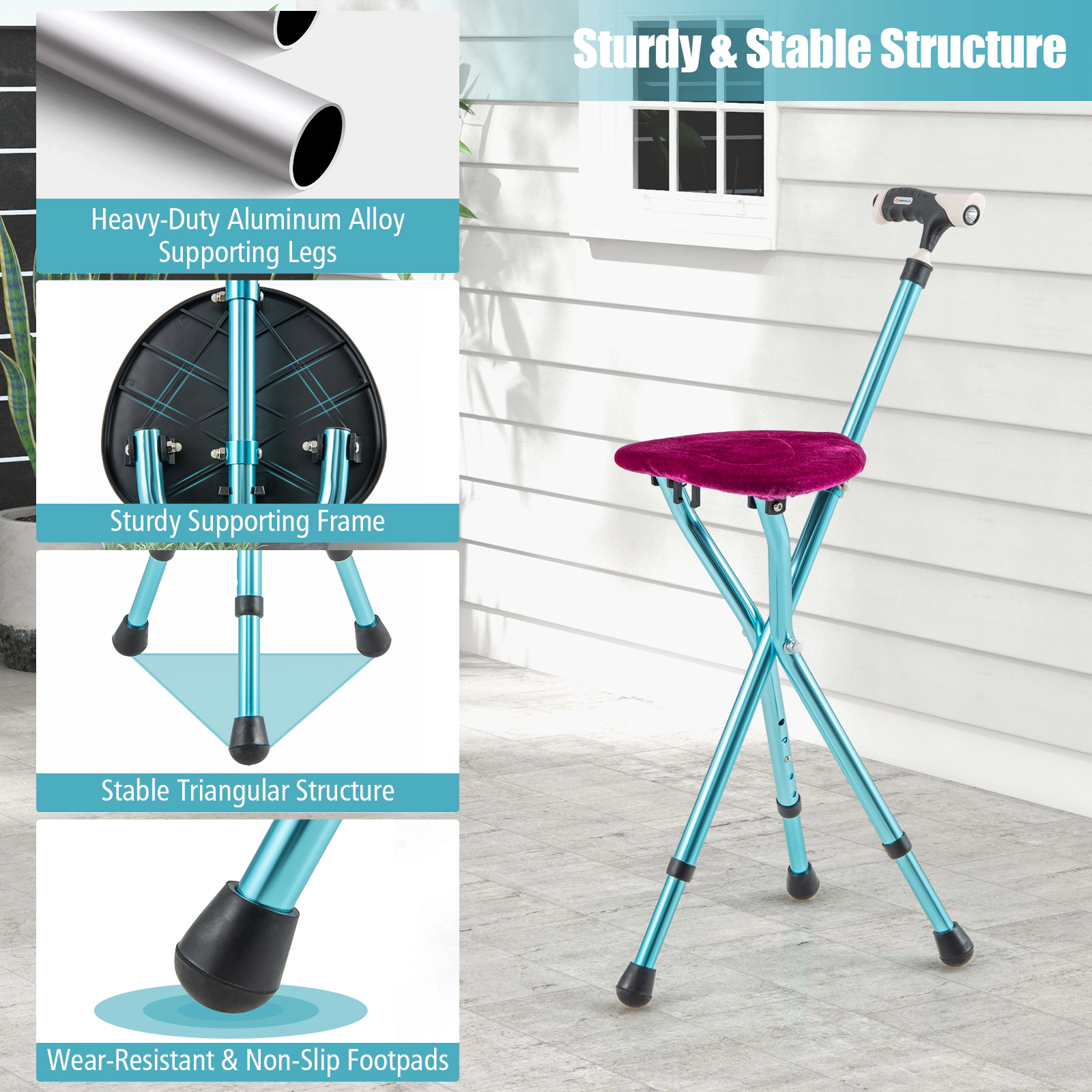 SUGIFT Blue Adjustable Cane Seat with LED Light and 3 Anti-Slip Footpads 31.5-in to 35.5-in H 220-lb User Capacity