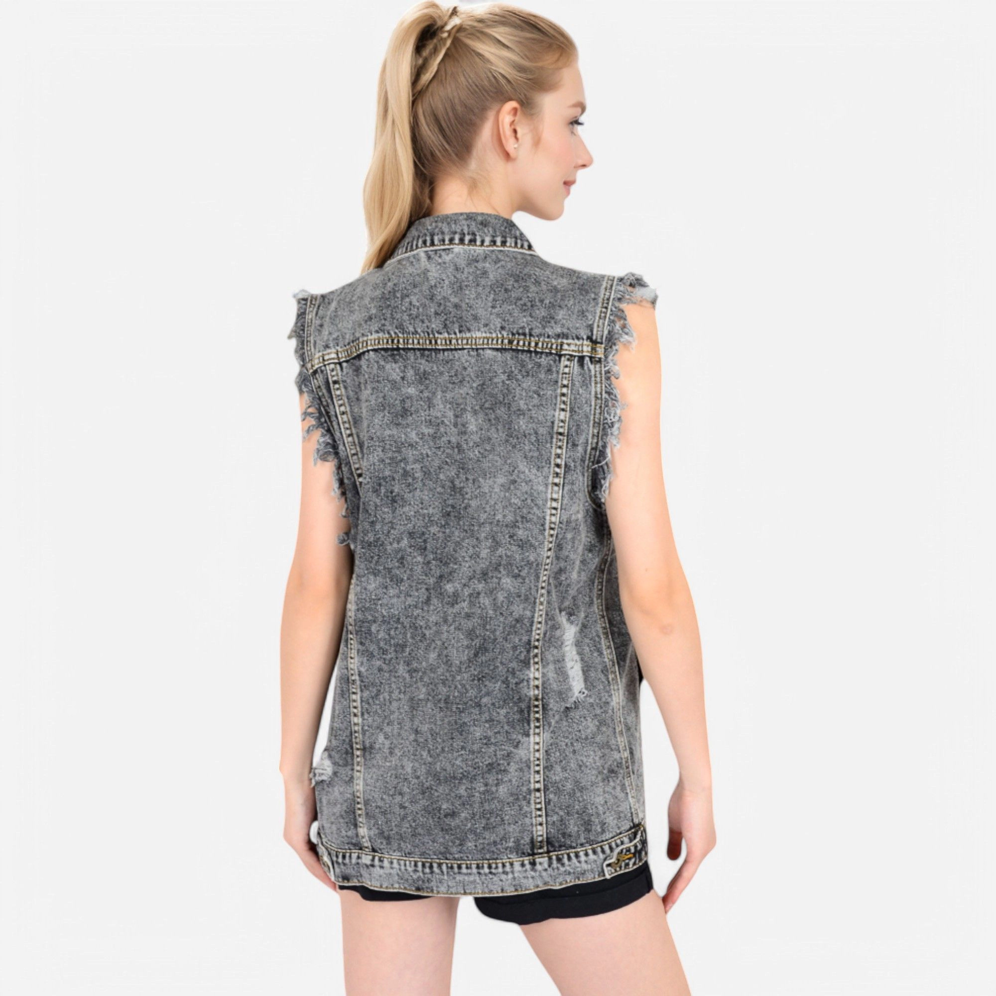 Anna-Kaci Women's Oversize Distressed Sleeveless Denim Vest