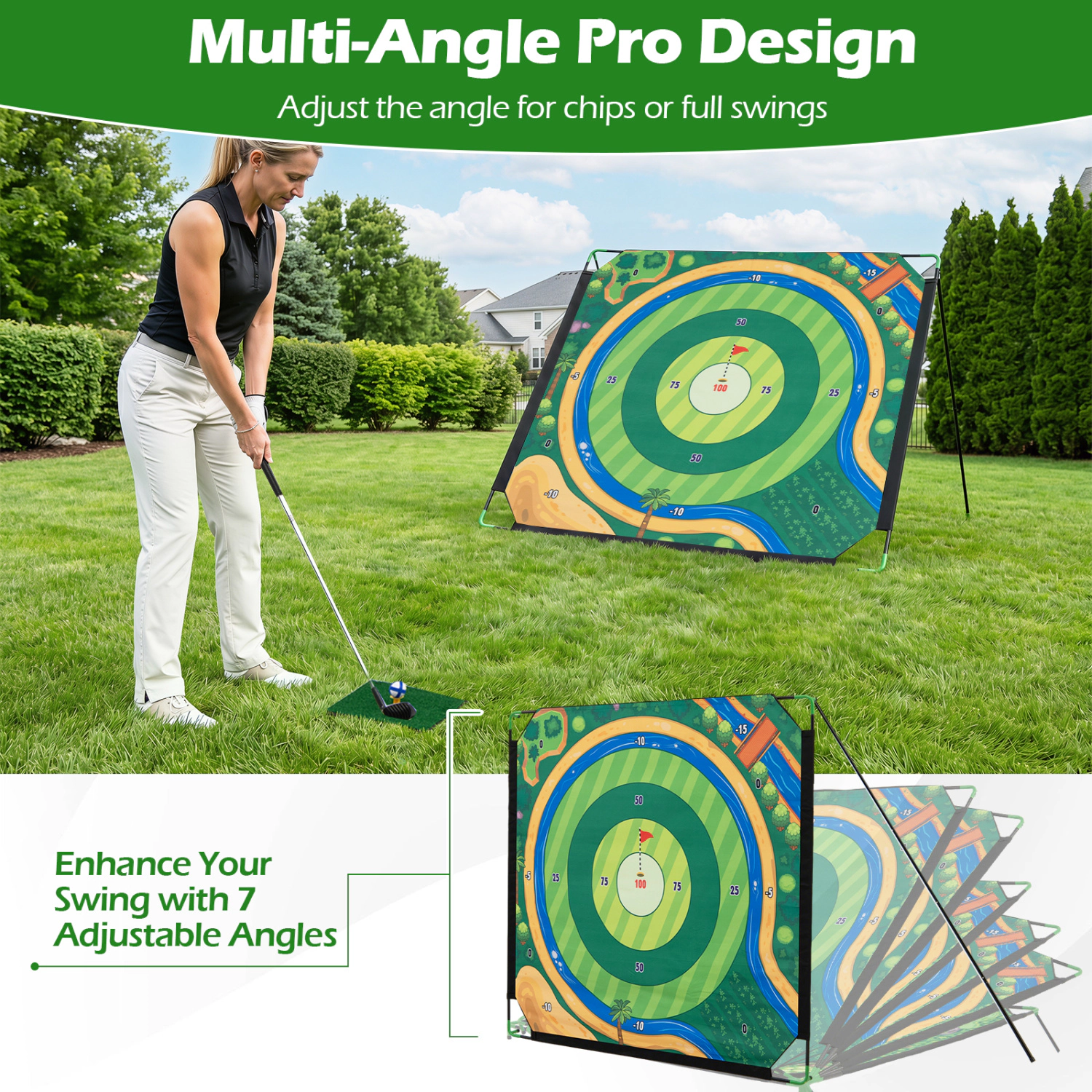 LJG 71 x 71 Inches Golf Chipping Game Set with 2 Adjustable Clubs
