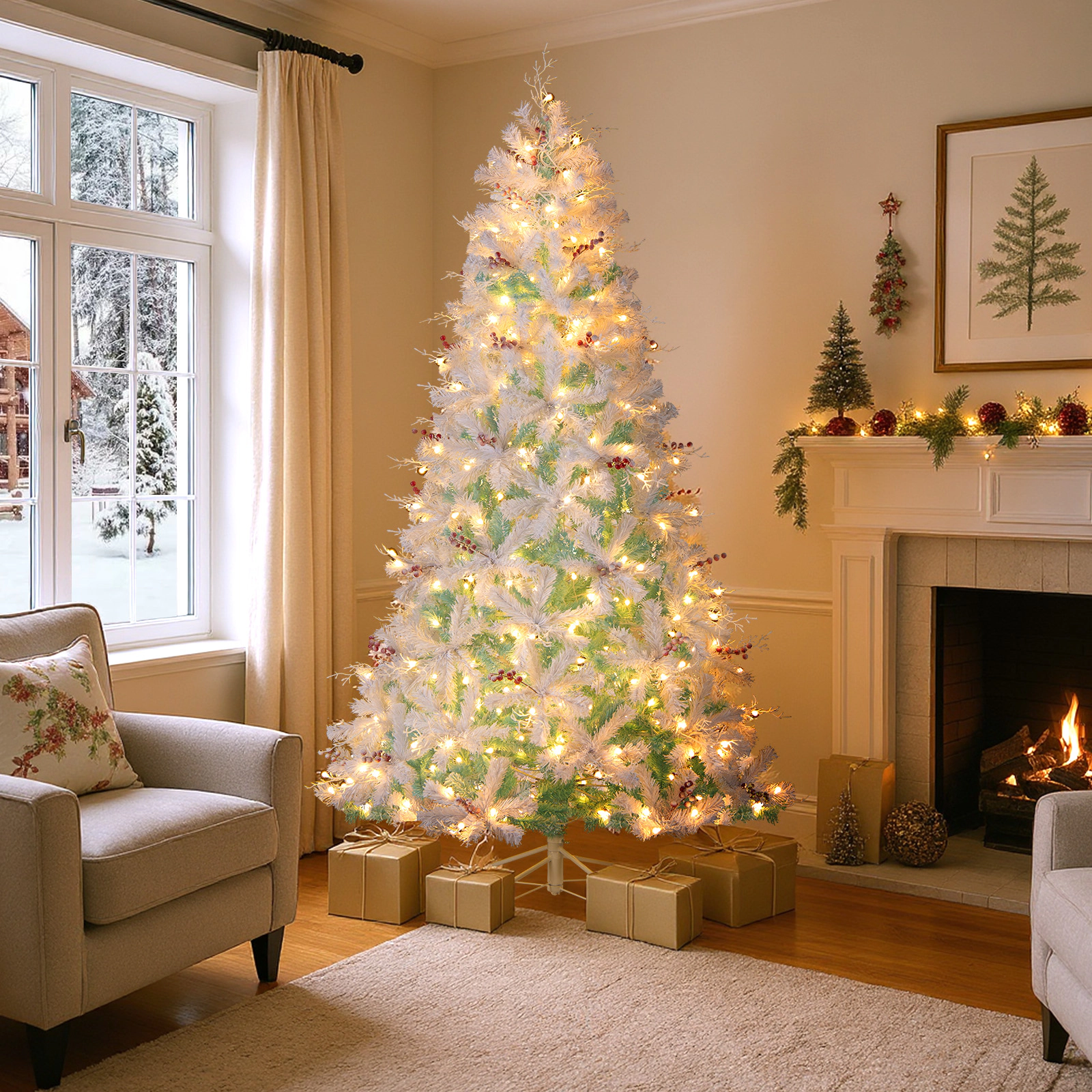 SUGIFT 7 ft Pre-Lit Snow Flocked Christmas Tree White with 350 LED Lights and 41 Red Berry Clusters