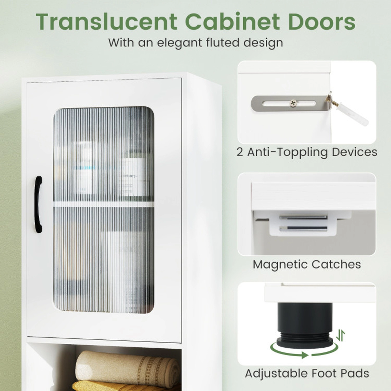 SUGIFT White 155-lb Capacity 67-in Tall Freestanding Bathroom Storage Cabinet with Fluted Doors and Open Shelves