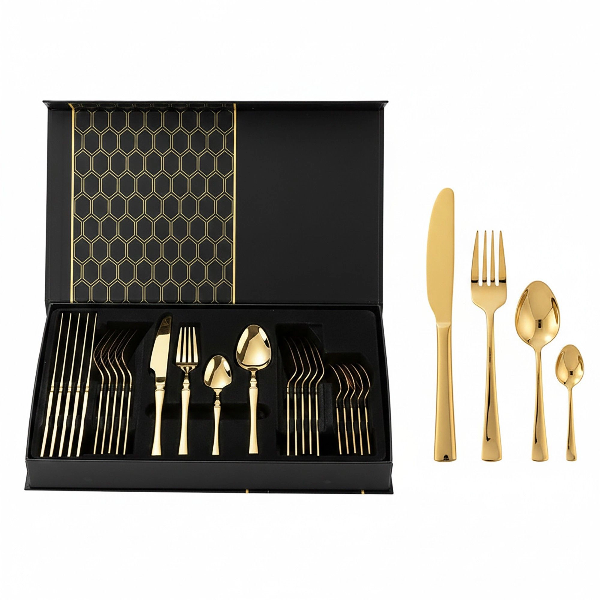 Alilang Women 24 Piece Flatware Set Gold Tone Stainless Steel Cutlery Set Service for 6 Mirror Finish Utensil Set with G
