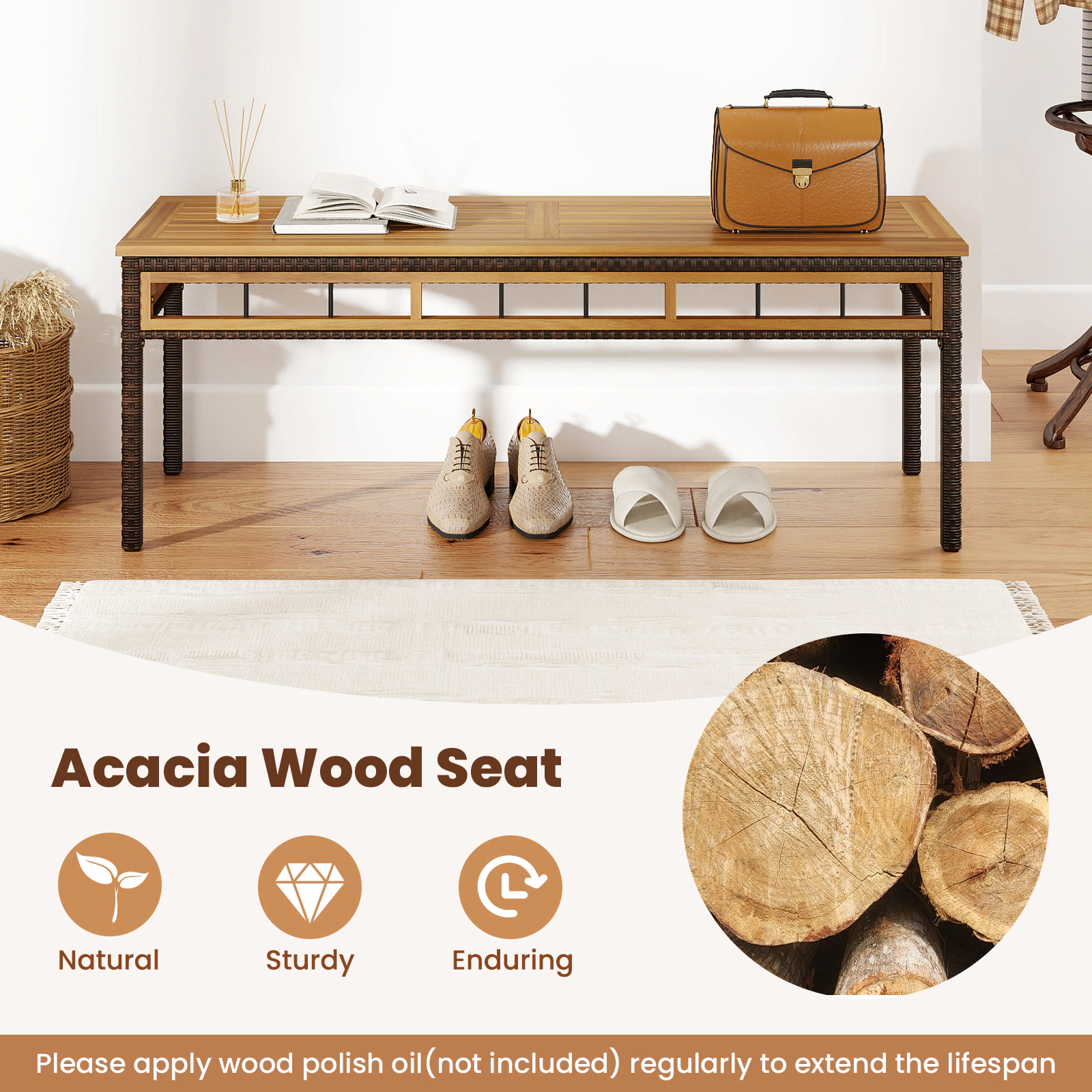 SUGIFT 3-Piece Acacia Wood Patio Dining Set, 63-Inch Table, 2 Benches, Umbrella Hole