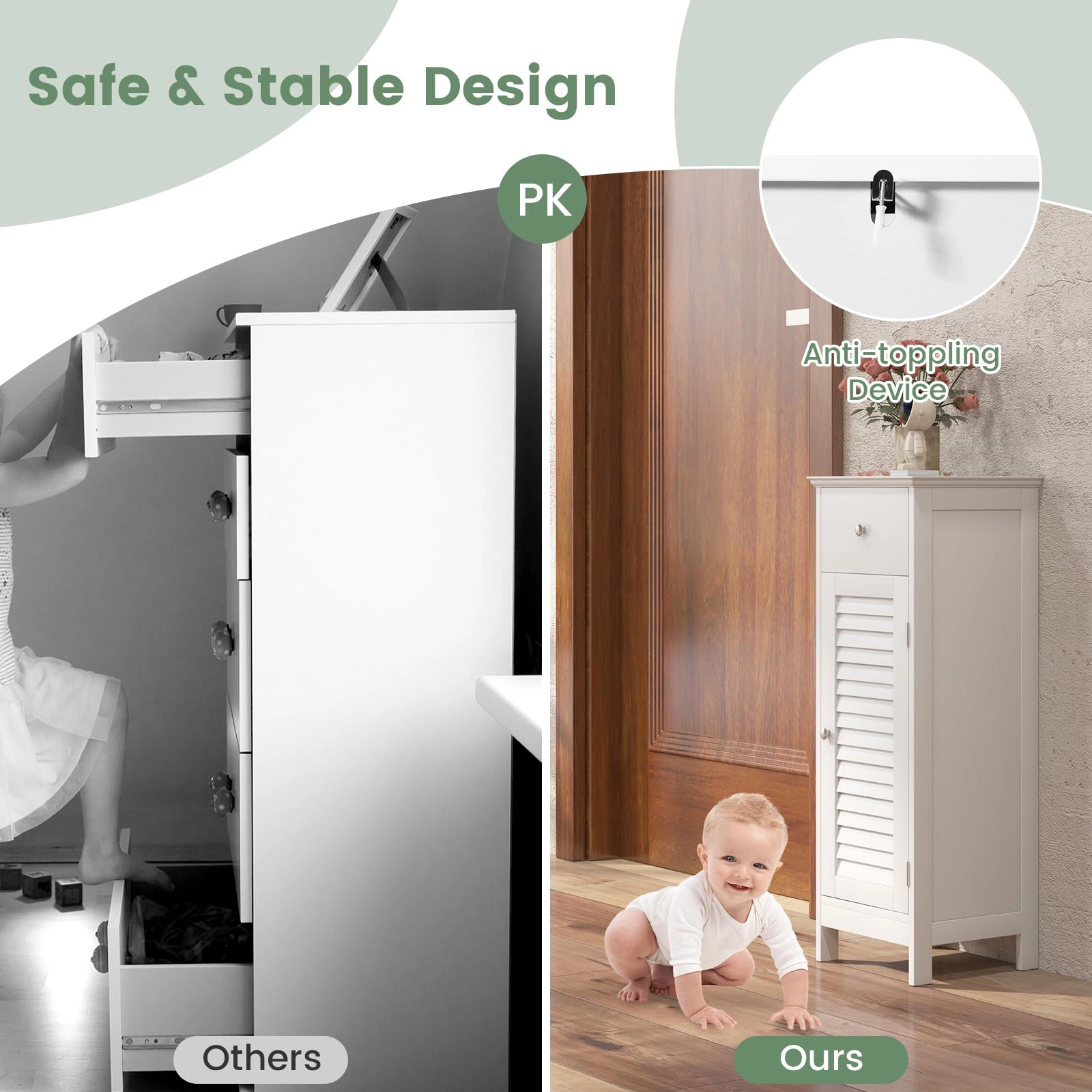 Glintex Slim Bathroom Cabinet with Shutter Door Drawer and Raised Bottom, White