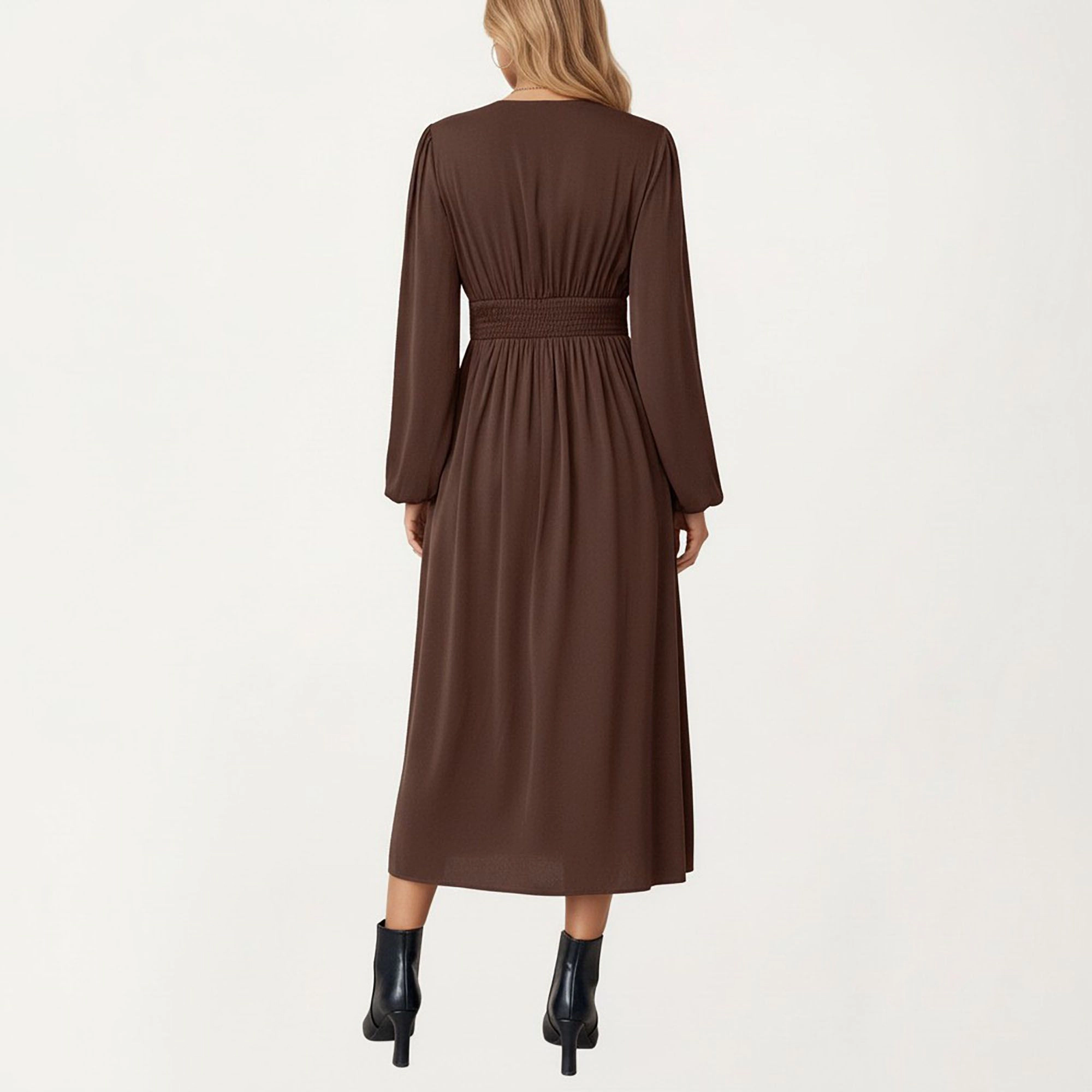 Anna-Kaci Women's Long Sleeve Brown V Neck Elastic Waist Dress