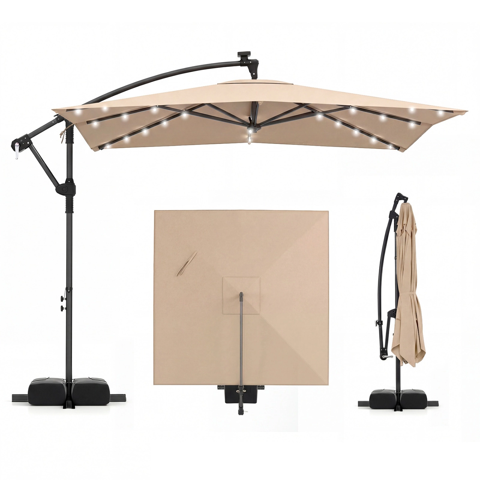 SUGIFT 8-ft Rustic Brown Square Solar LED Offset Patio Umbrella with 360-Degree Rotation and Sandbag Cross Base