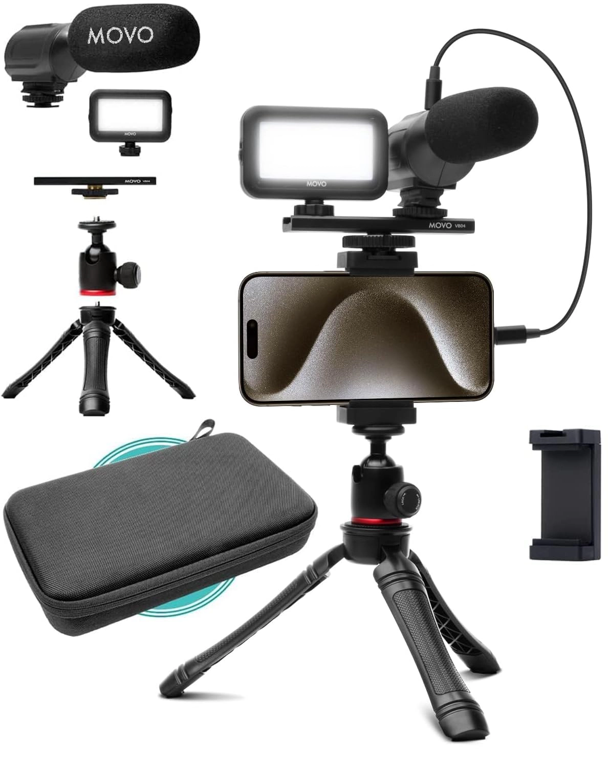 Movo USB-C Vlogging Kit for iPhone 15/16 - Phone Video Kit Accessories: Phone Tripod, Phone Mount, LED Light