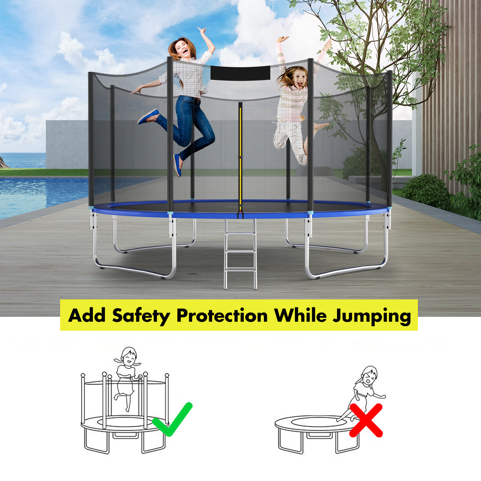 Trampoline Net Replacement 12-ft 14-ft Round Trampolines 8 Straight Poles 6-ft PE Safety Enclosure Net Door Black