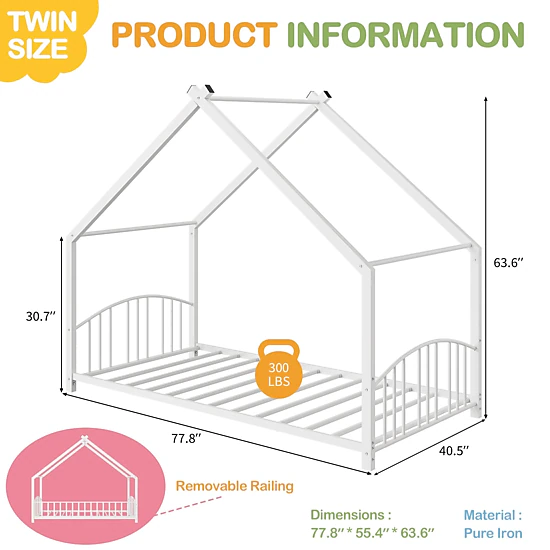 Kids Metal Montessori Floor Bed with House-Shaped Roof, Full-Length Guardrails and Low Profile