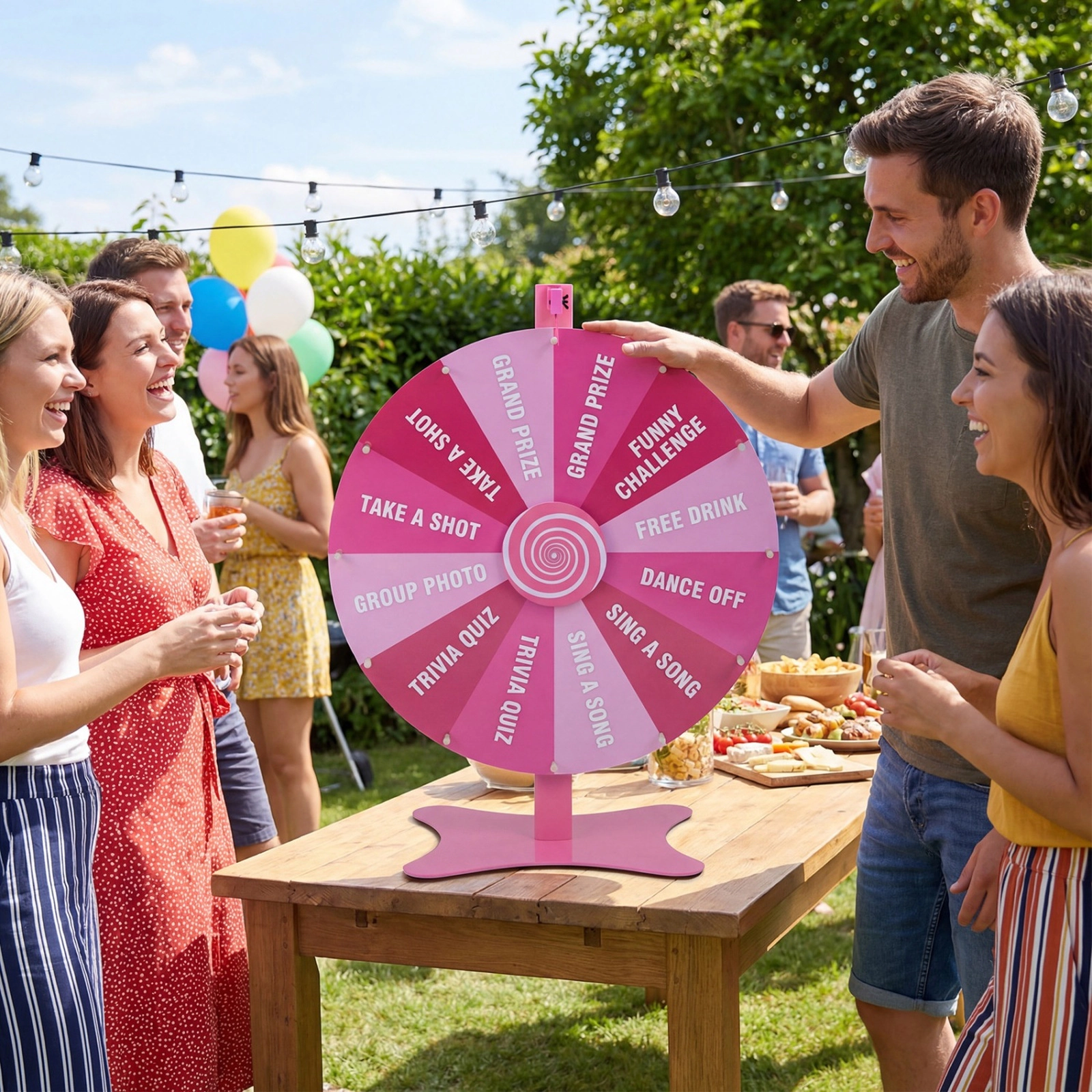 SUGIFT Adjustable 24-in Prize Wheel Game with Blackboard Marker and Eraser for Tabletop or Floor Use Pink