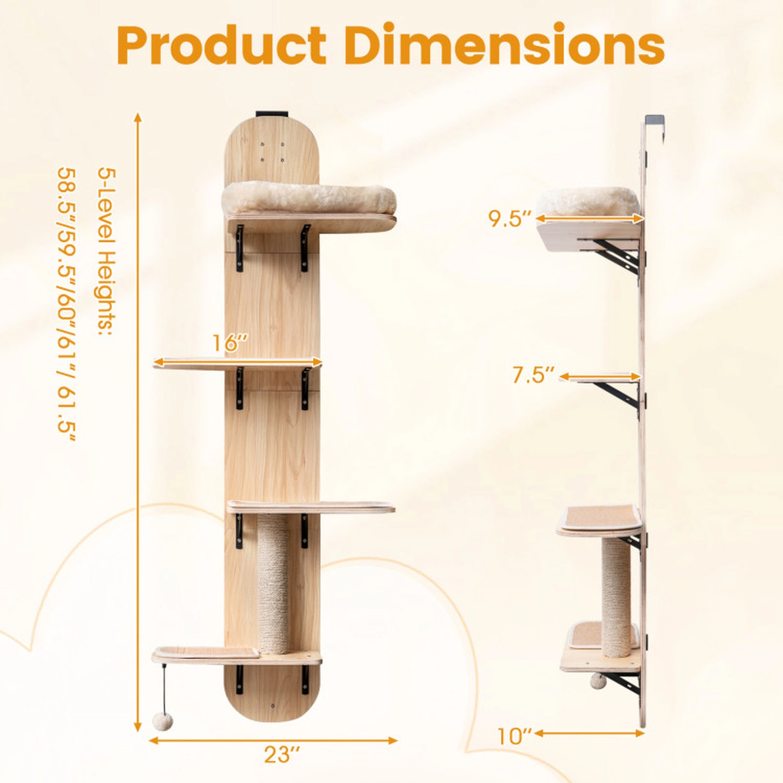 SUGIFT 5-Level Adjustable Door Hanging Cat Climber with Plush Bed 11-lb Capacity Beige + Natural/Gray + Natural