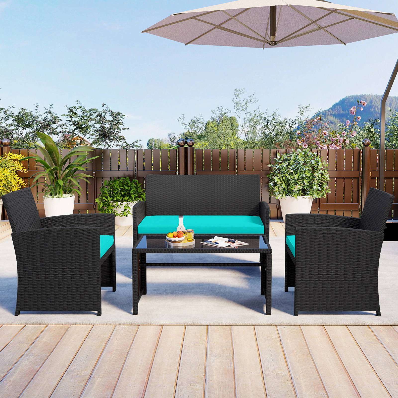 SUGIFT 4-Piece Rattan Patio Conversation Set Tempered Glass Tabletop 400/800-lb Capacity Turquoise Cushions White/Black