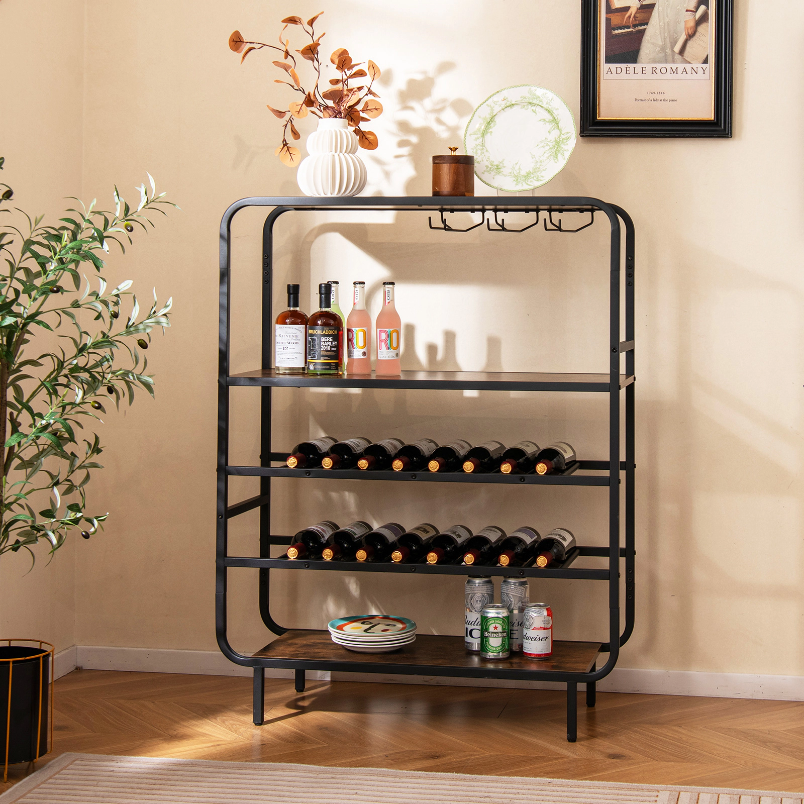 SUGIFT 5-Tier Wine Rack with Glass Holders 44-lb Tier Capacity Black and Rustic Brown