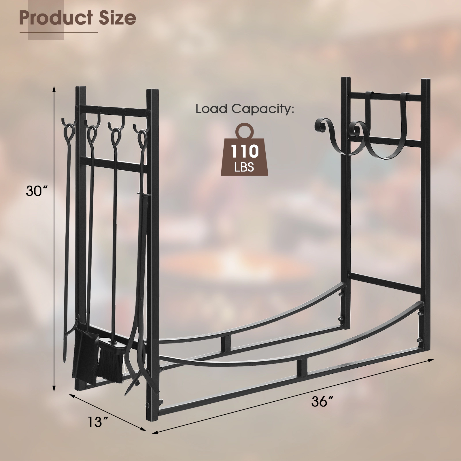 SUGIFT Heavy-Duty Steel Fireplace Log Rack with Kindling Holders and Tools 110-lb Capacity Black