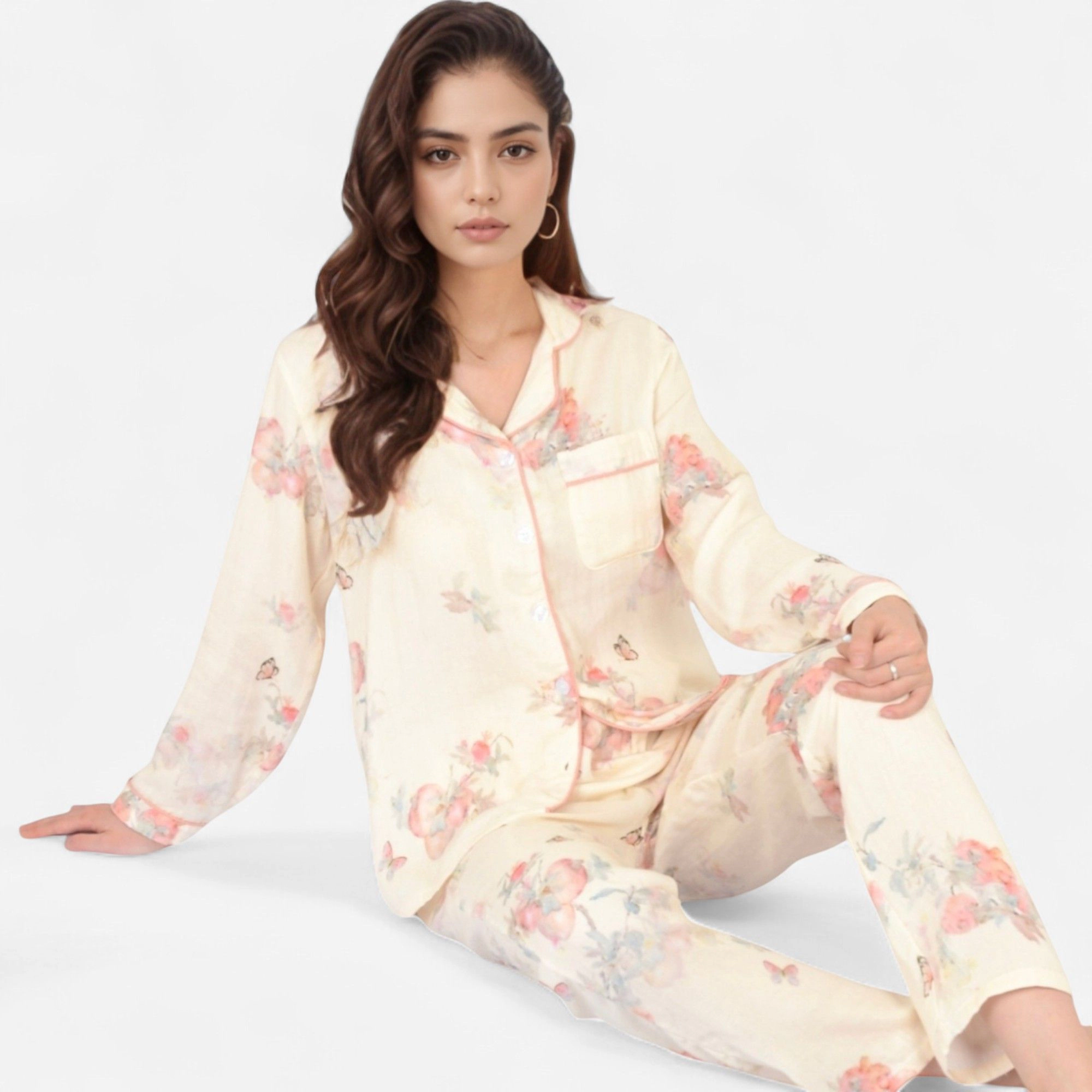 Anna-Kaci Women's Floral Butterfly Print Long Sleeve Pajama Set with Button Up Top Chest Pocket and Relaxed Fit Pants