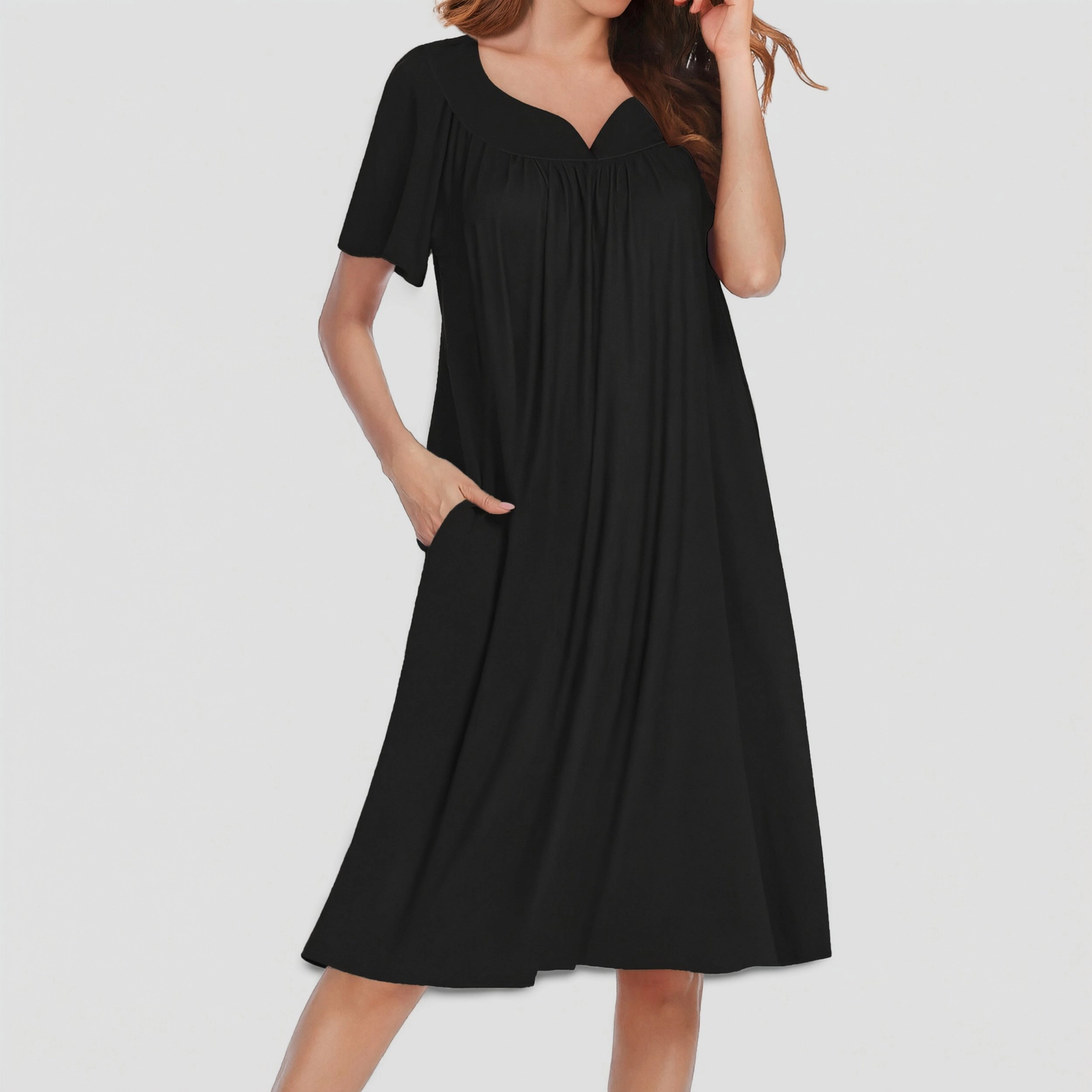 Ekouaer Nightgowns Short Sleeve House Dress Moomoo Pleated Mumu Dresses V Neck Sleepwear