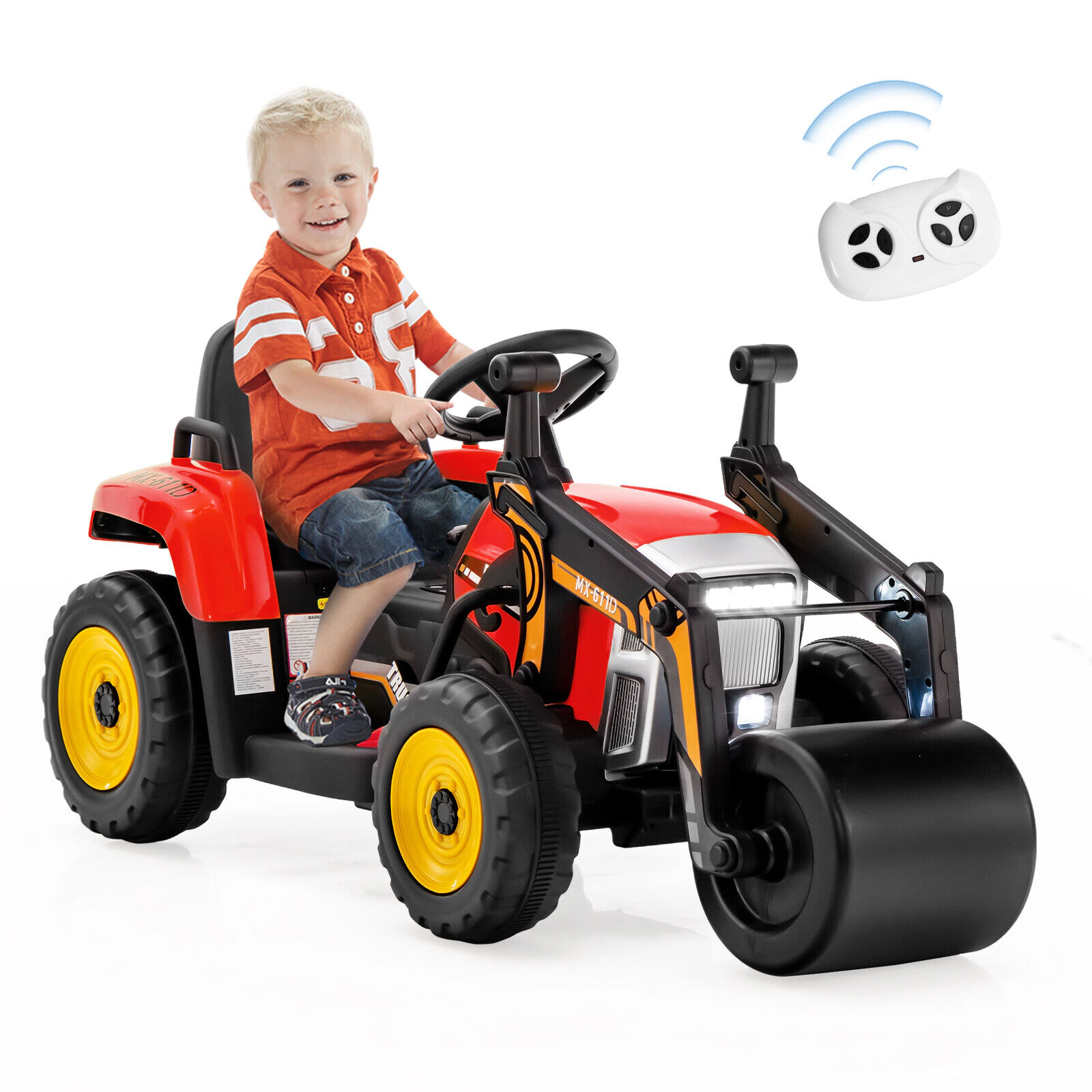 SUGIFT 12V Ride On Road Roller with 2.4G Remote Control 66-lb Capacity Ages 3-8 49-in Ride-On Car Red