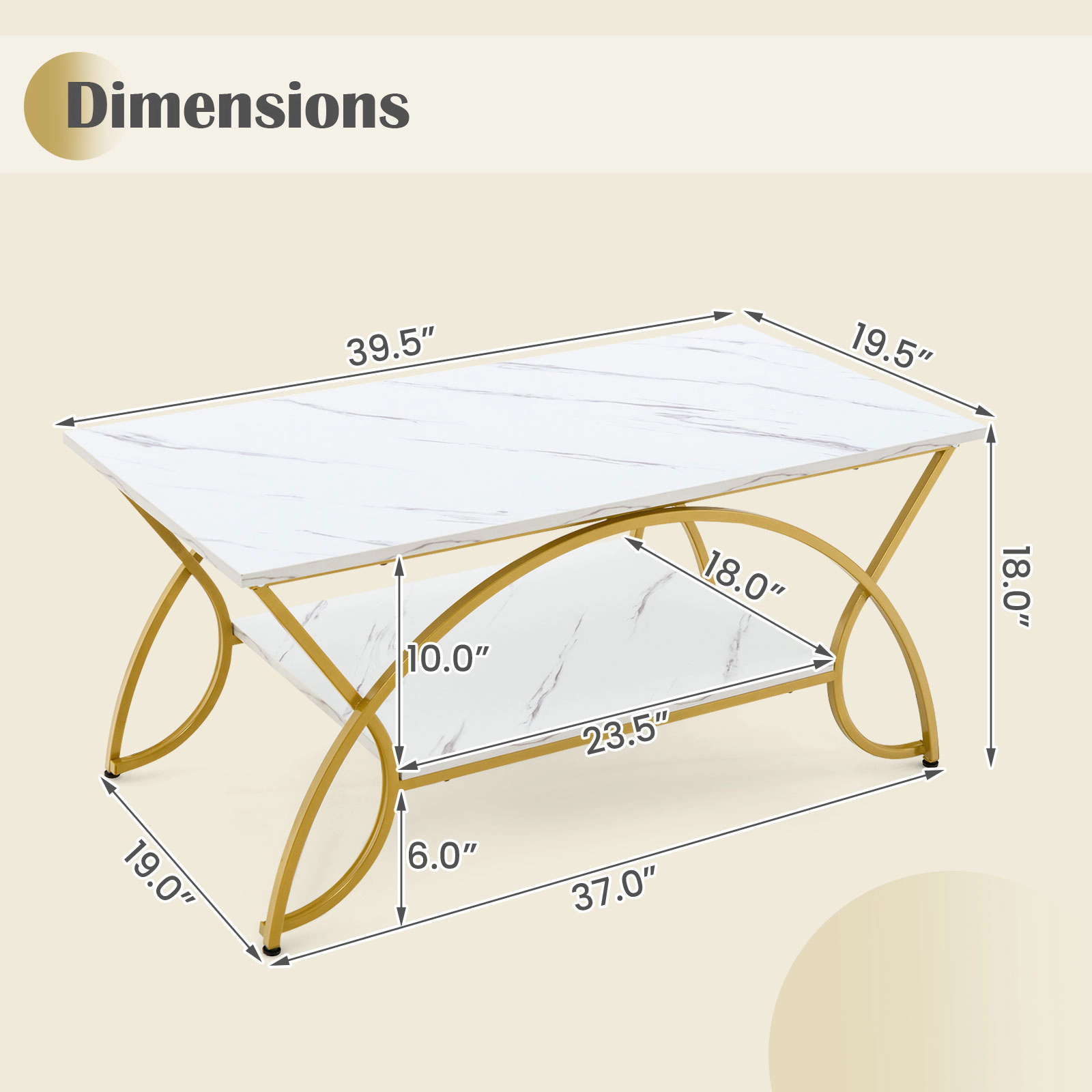 SUGIFT 2-Tier Rectangular Coffee Table with 39.5-in Top 110-lb Tabletop Capacity Golden White Marble Pattern Top