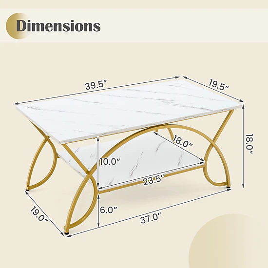 Glintex 2-Tier 39.5-Inch Faux Marble Coffee Table with Arched Metal Frame