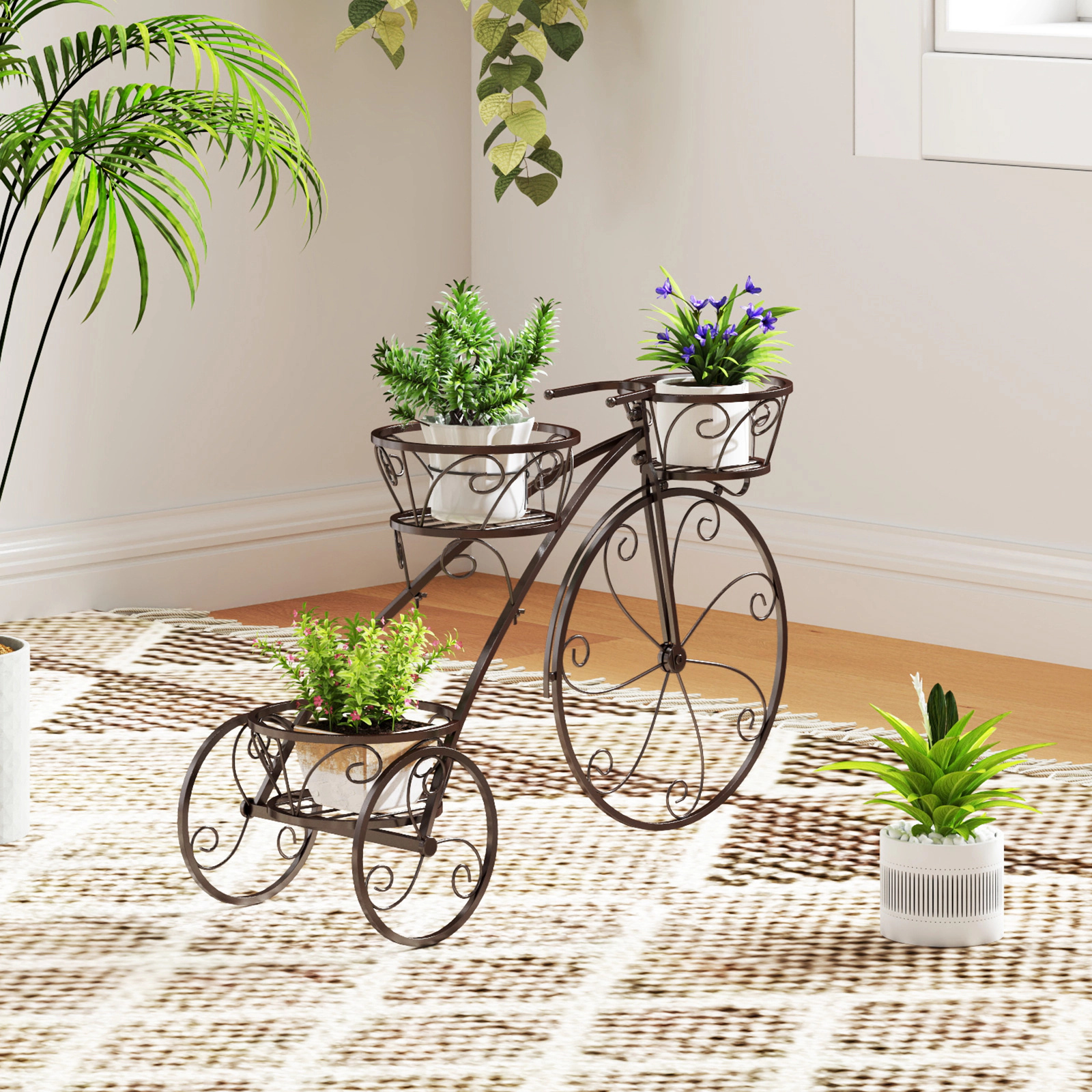SUGIFT 3-Tier Tricycle Bicycle Metal Planter Flower Pot Stand Cart with Openwork Baskets for Patio