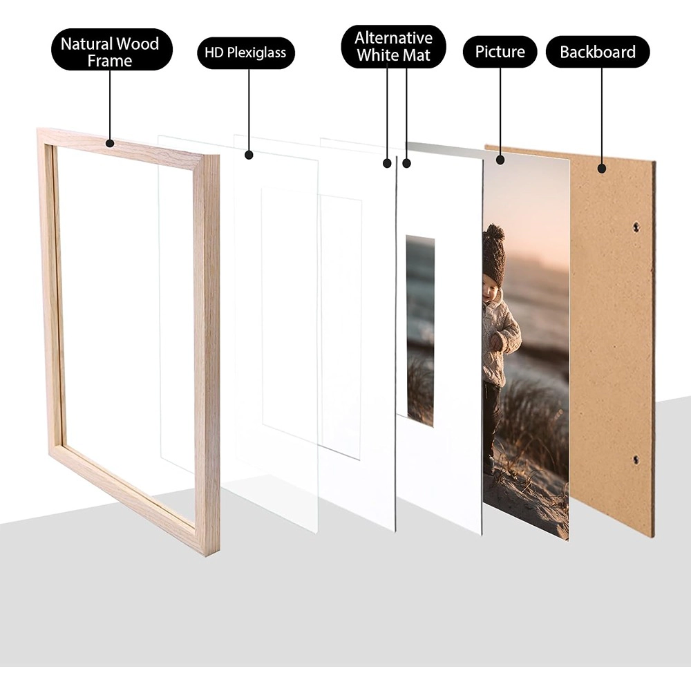 ACPJR 11x14 Picture Frames Set of 4, Natural Solid Wood Photo Frames with Acrylic, Mat for 5x7/8x10 Photos, Tabletop and