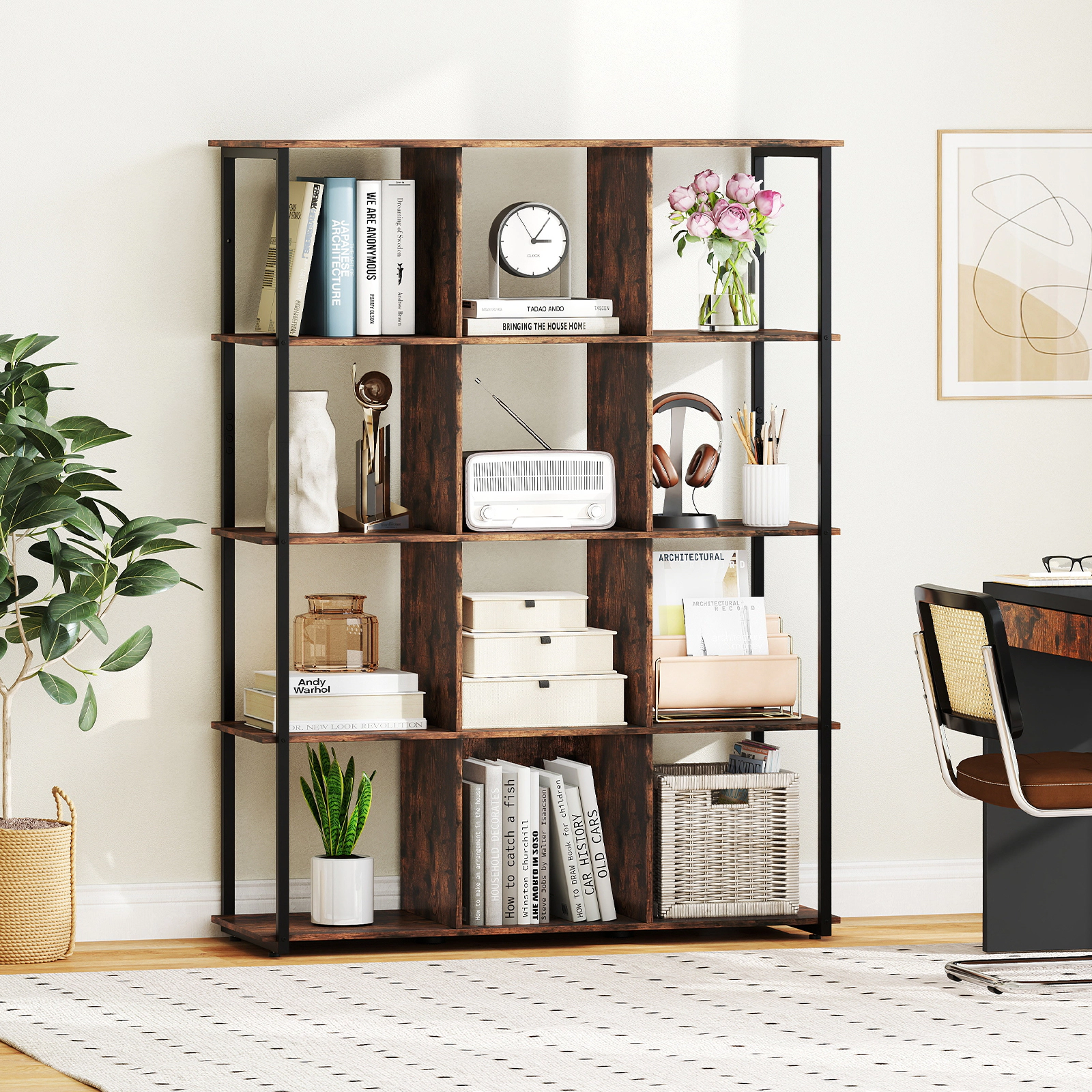 LJG 12-Cube Bookcase with 2 Anti-Tipping Kits for Living Room