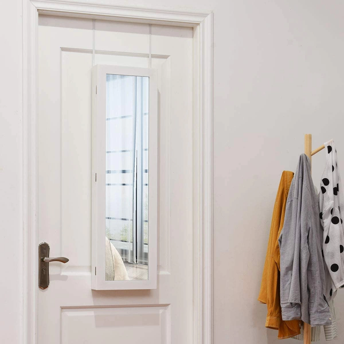 SUGIFT Full Length Mirror Jewelry Cabinet with Ring Slots and Necklace Hooks Wall or Over-the-Door Mount White
