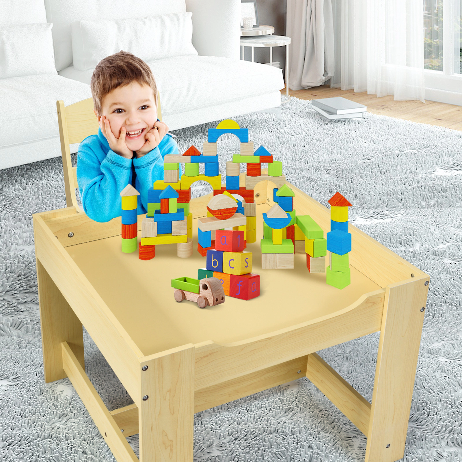 SUGIFT Kids Table and Chair Set, Reversible Blackboard and Whiteboard Top, 2 Drawers, Storage Box, Natural