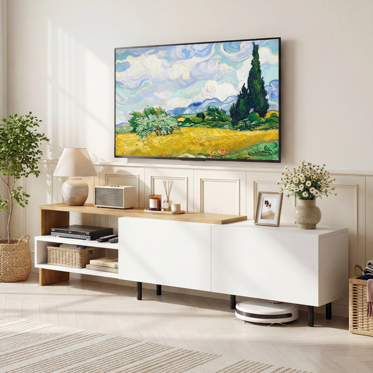 LJG Modern TV Stand for 80 Inches TVs with Storage Shelves and Cabinets