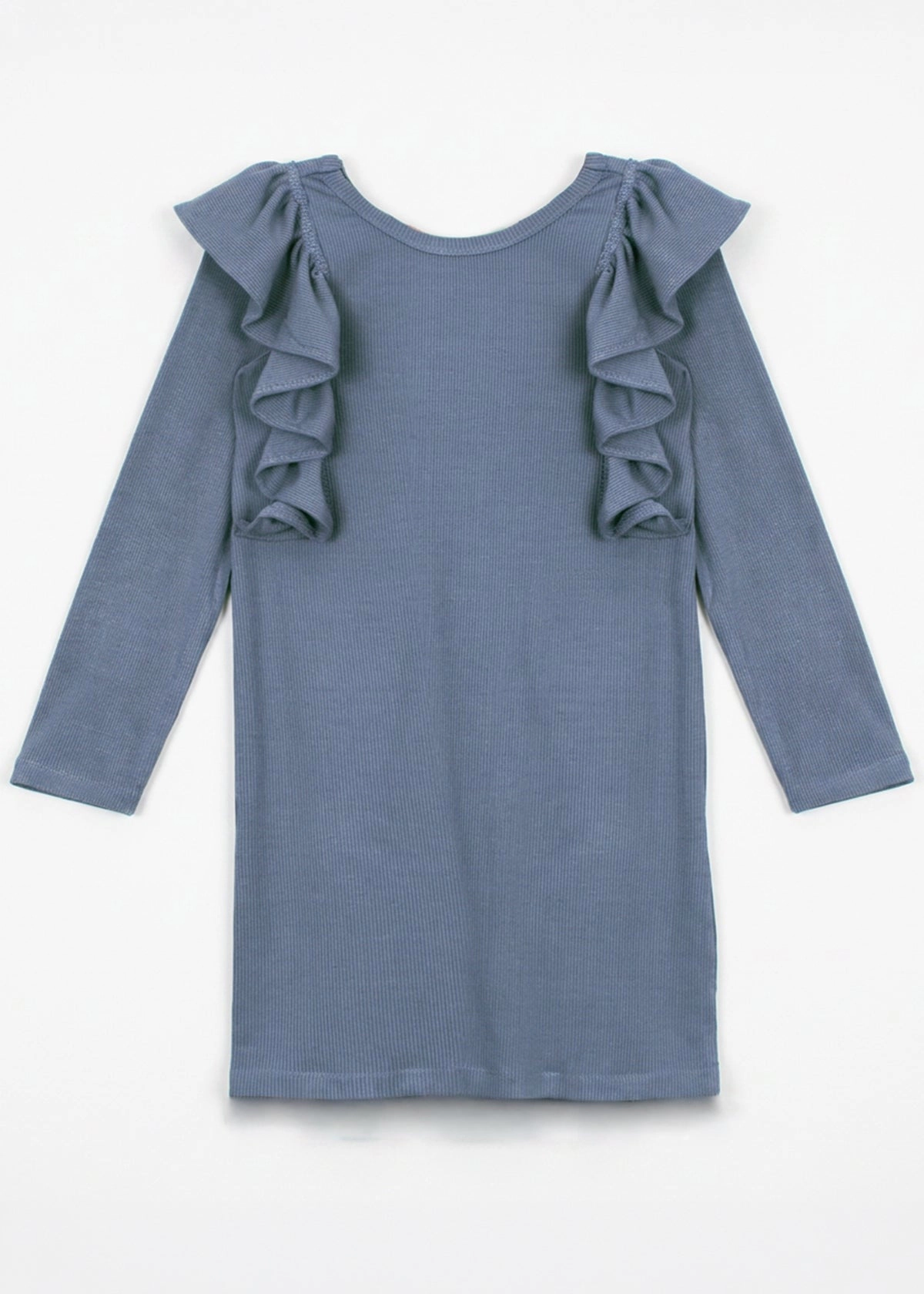 Mabel and Honey Candy Land Knit Dress, Long-Sleeve Ribbed Ruffle Chest Dress Dusty Blue