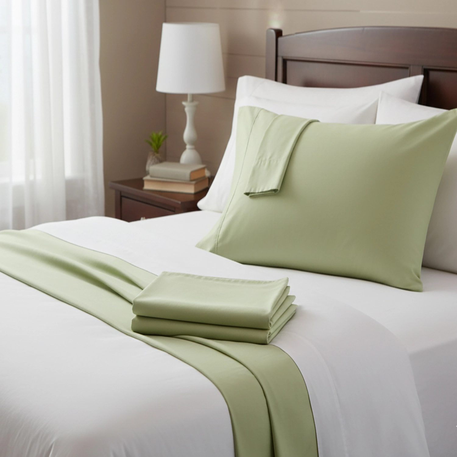 Castle Hill Premium Lightweight Thread Count Cotton Sateen 4 Pieces Sheet Set Queen Celedon