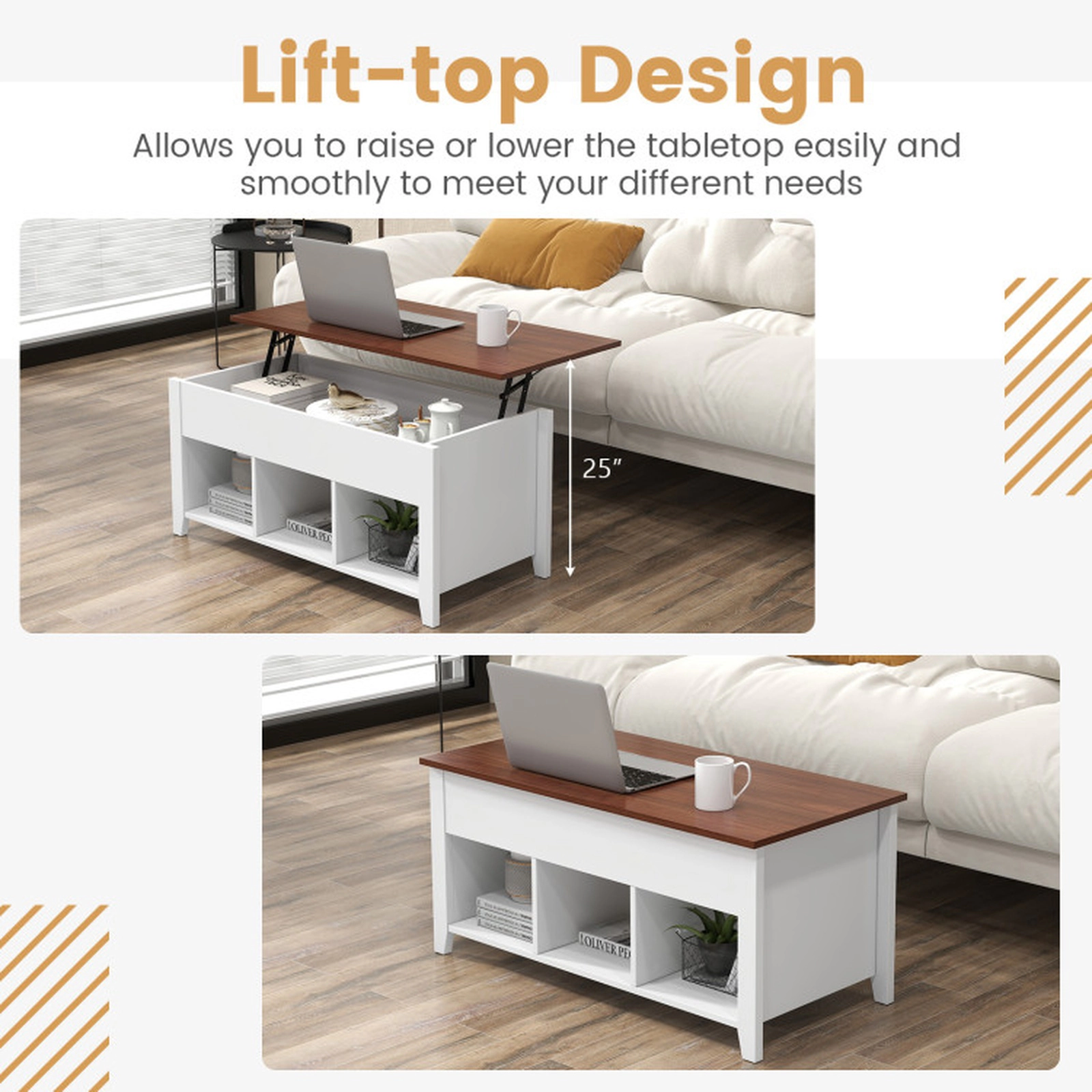 SUGIFT Lift Top Hidden Storage Compartment 3 Open Shelves Coffee Table 41-in x 19.5-in 19-in to 24.5-in Tall White