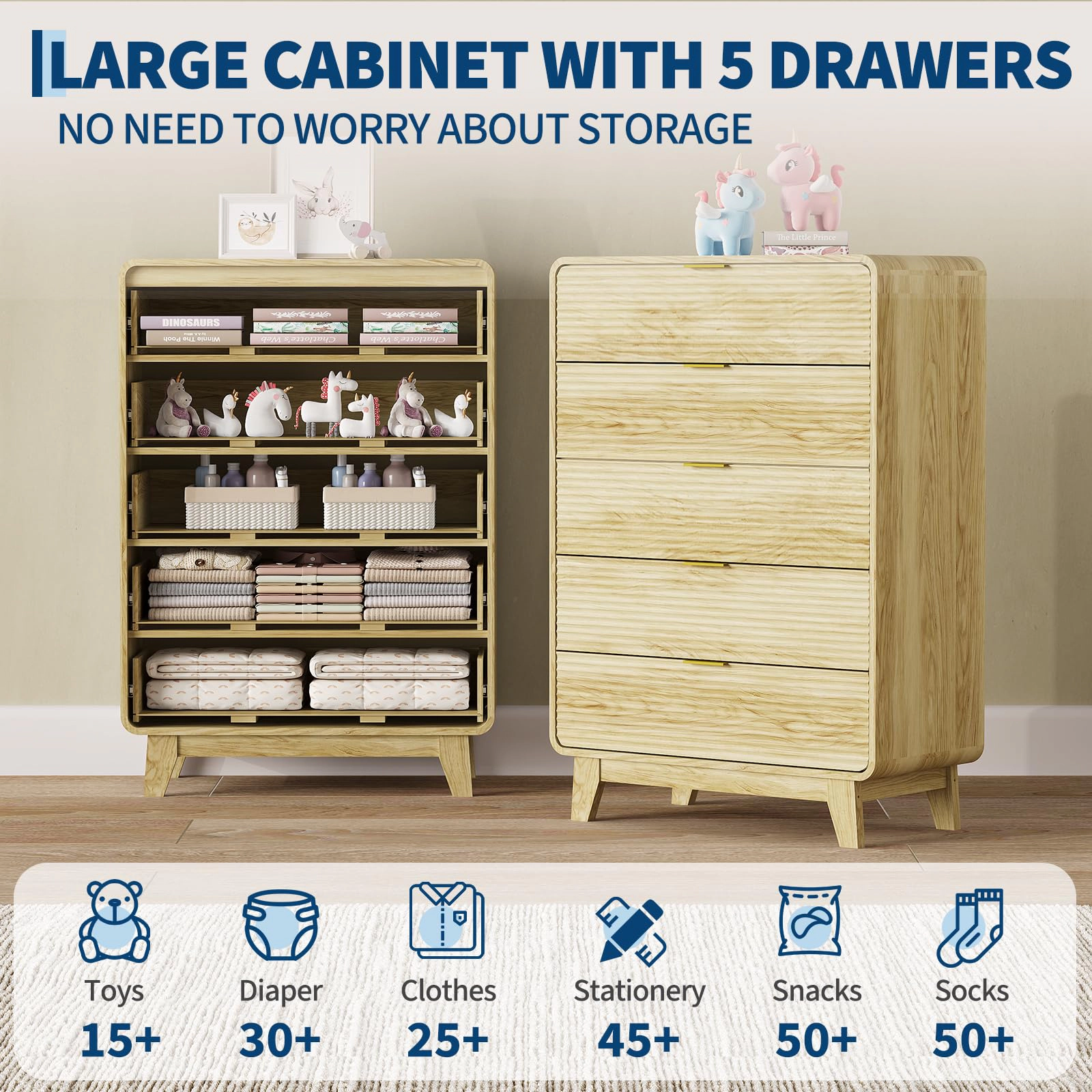 Fluted 5-Drawer Dresser with Gold Handles, 46" Tall Wood Storage Cabinet, Curved Profile Design