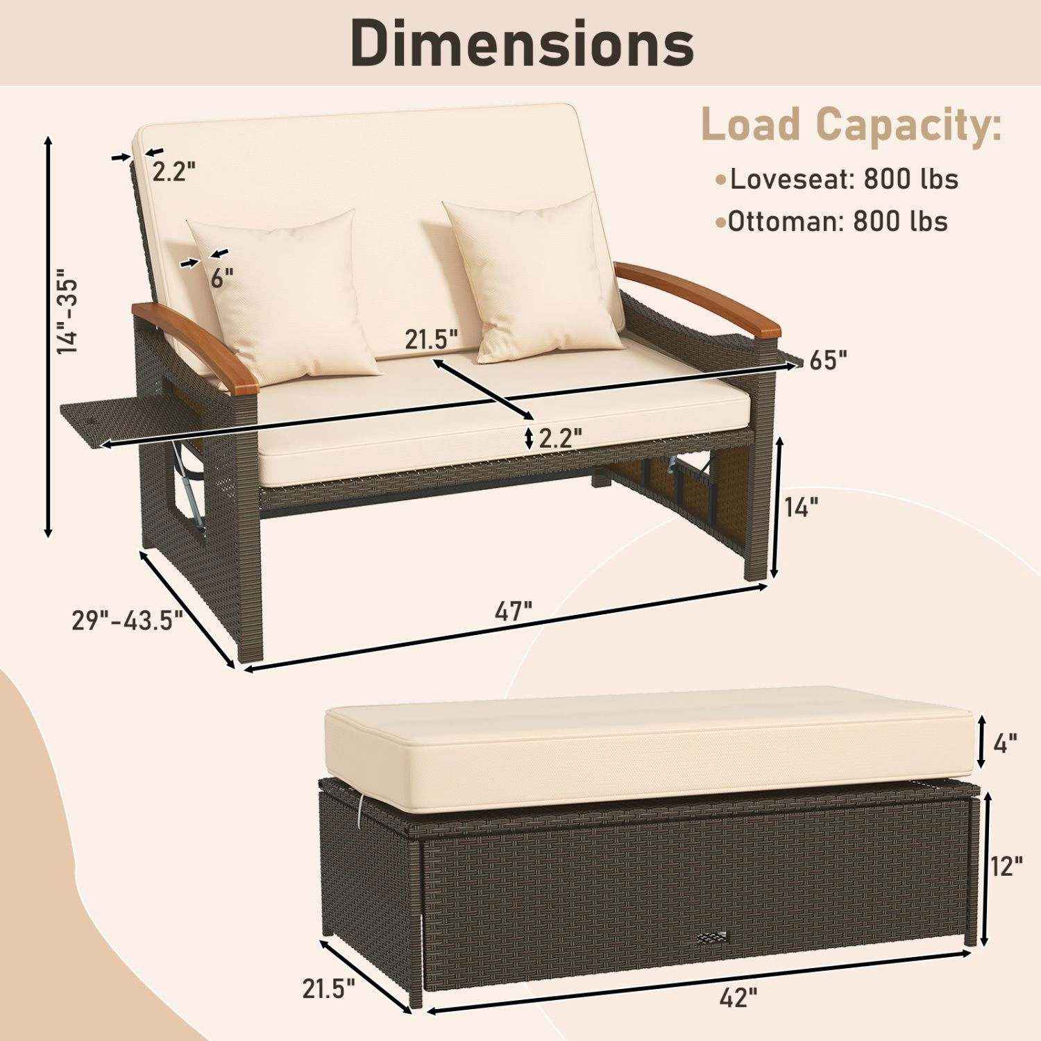 SlickBlue Modern Outdoor Rattan Loveseat Daybed with Storage Ottoman