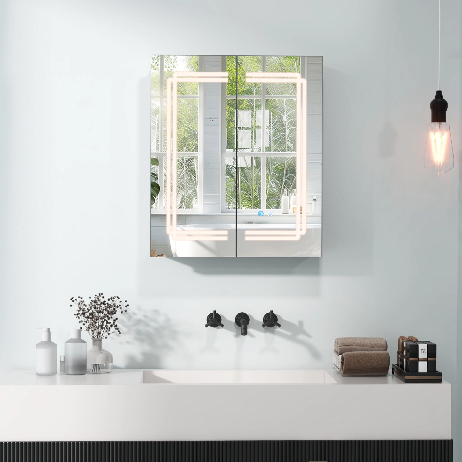 Slickblue LED Bathroom Medicine Cabinet with 2 Mirror Doors and Adjustable Glass Shelves