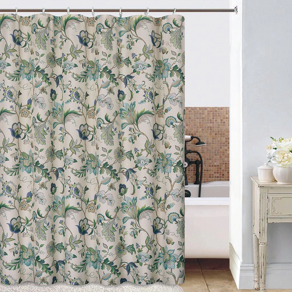 Ellis Curtain Brissac Classic Floral Design Button Holes Shower Curtain 70 x 72 Blue