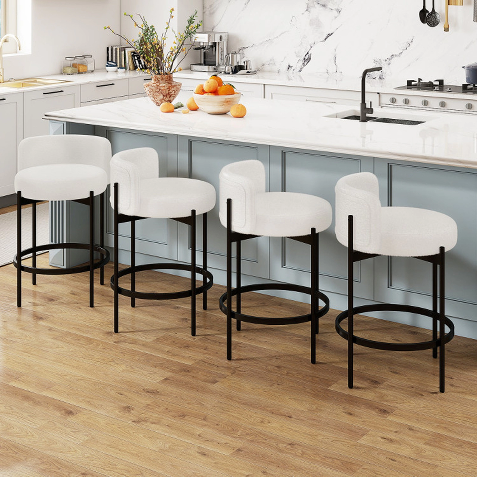 SUGIFT Set of 4 Beige 24.5-Inch Boucle Sherpa Counter-Height Bar Stools with Curved Backs