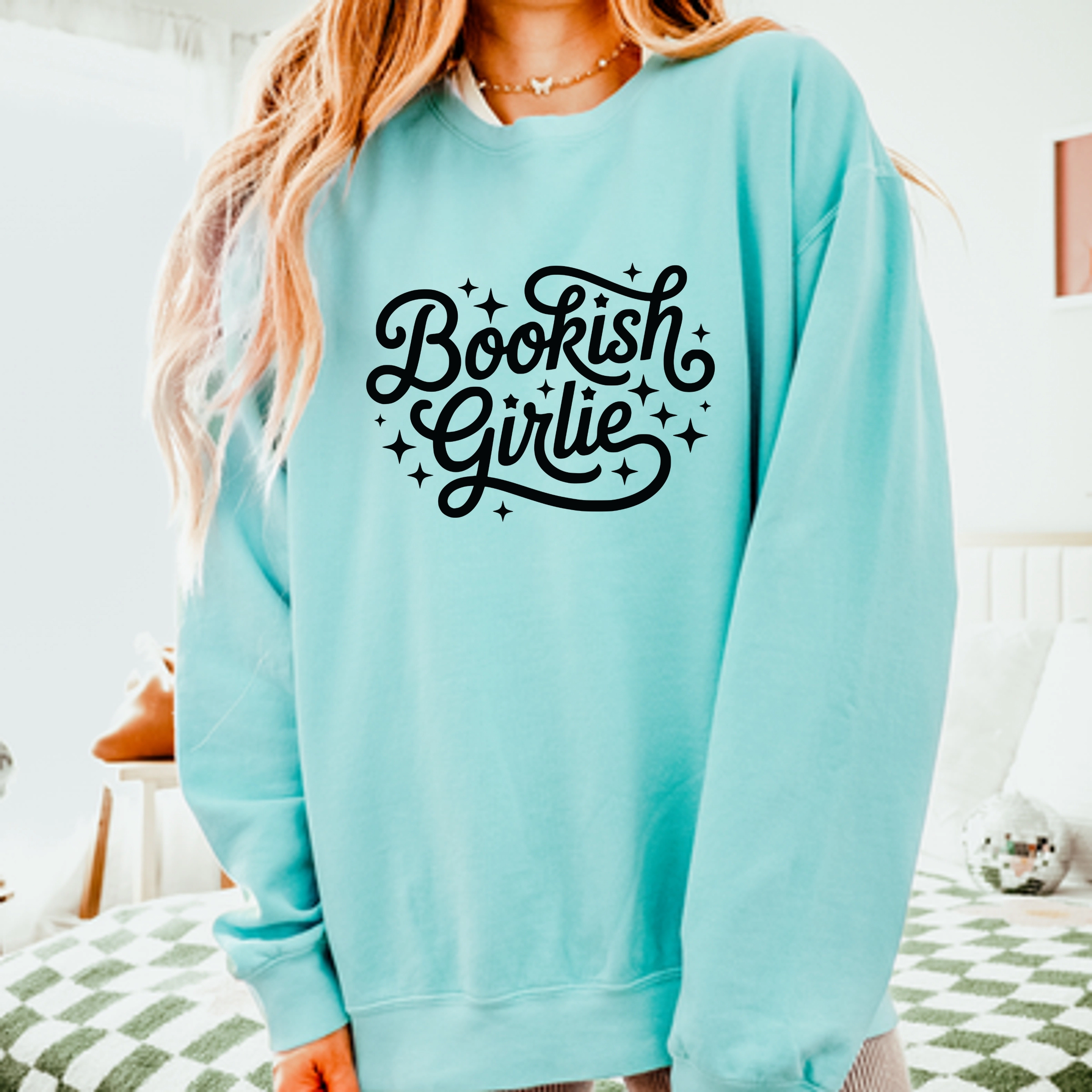 Simply Sage Market - Bookish Girlie Cursive Stars Women's Lightweight Garment Dyed Sweatshirt
