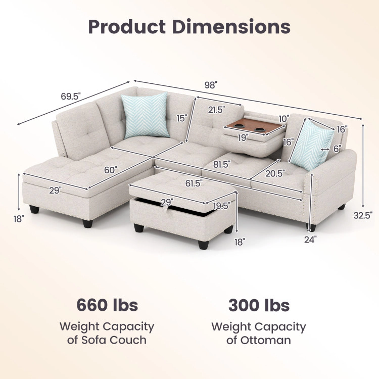 Hivvago Sectional Sofa Couch With Movable Storage Ottoman And Linen Fabric Backs