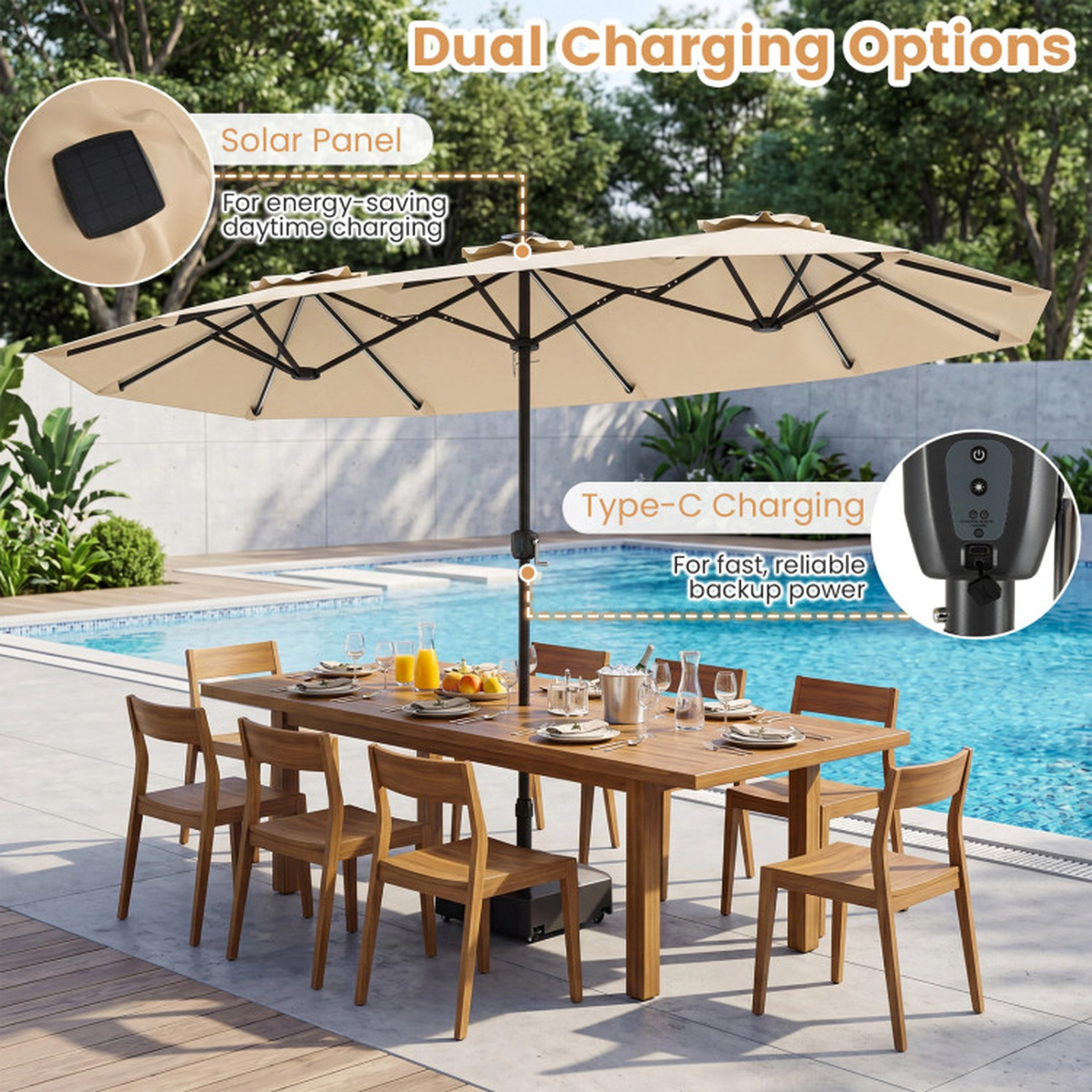 SUGIFT 13 ft Beige Rectangular Patio Umbrella, 108 Solar LED Lights, 12 Ribs, 3 Vents