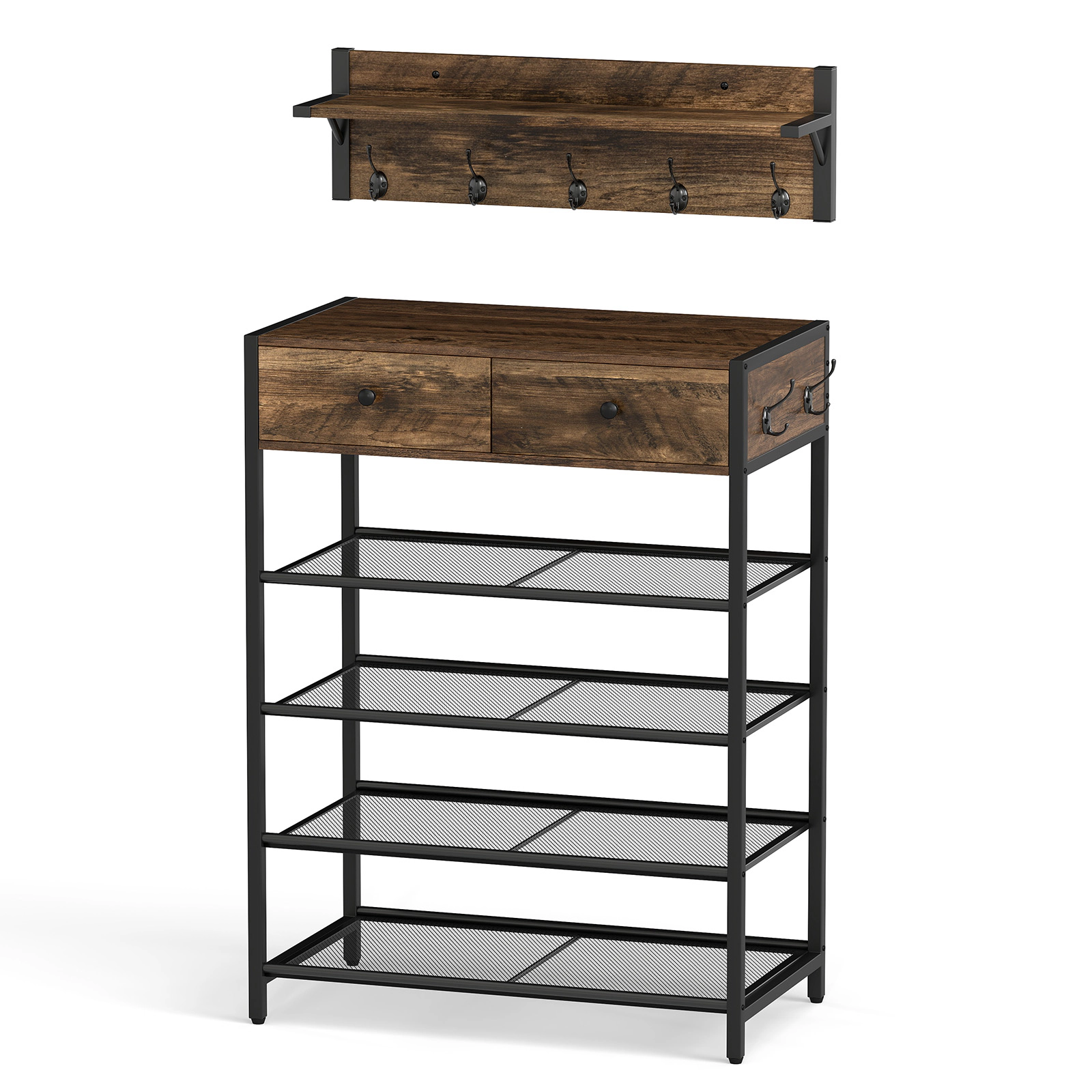 SlickBlue 5-Tier Shoe Rack with Coat Hooks, Drawers and Wall Shelf