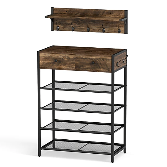 LJG Coat Rack Shoe Stand Set 5-Tier Shoe Rack with Wall-Mounted Coat ...