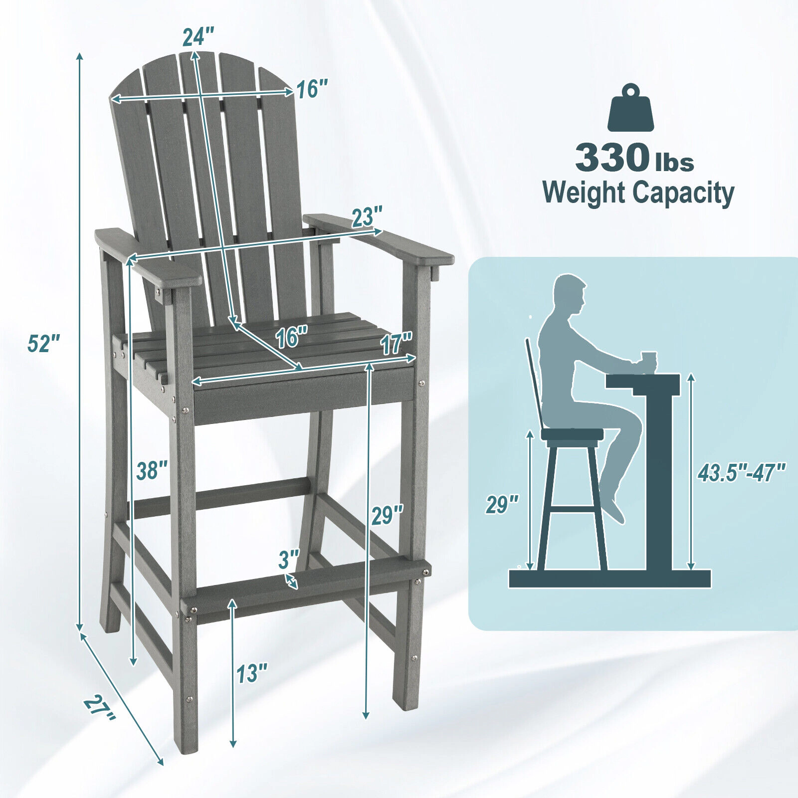 SUGIFT All-Weather Counter-Height HDPE Bar Stool with Armrests and Footrest 30-in Seat Height 360-lb Capacity Gray