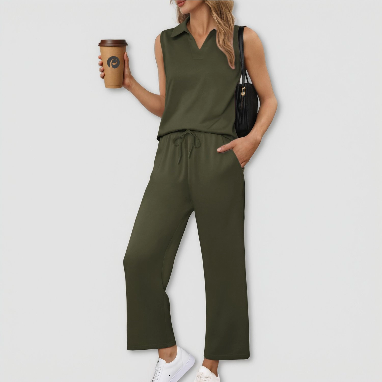 Pinspark Womens Sleeveless Polo V Neck Top Fall Wide Leg Drawstring Pants Casual Set