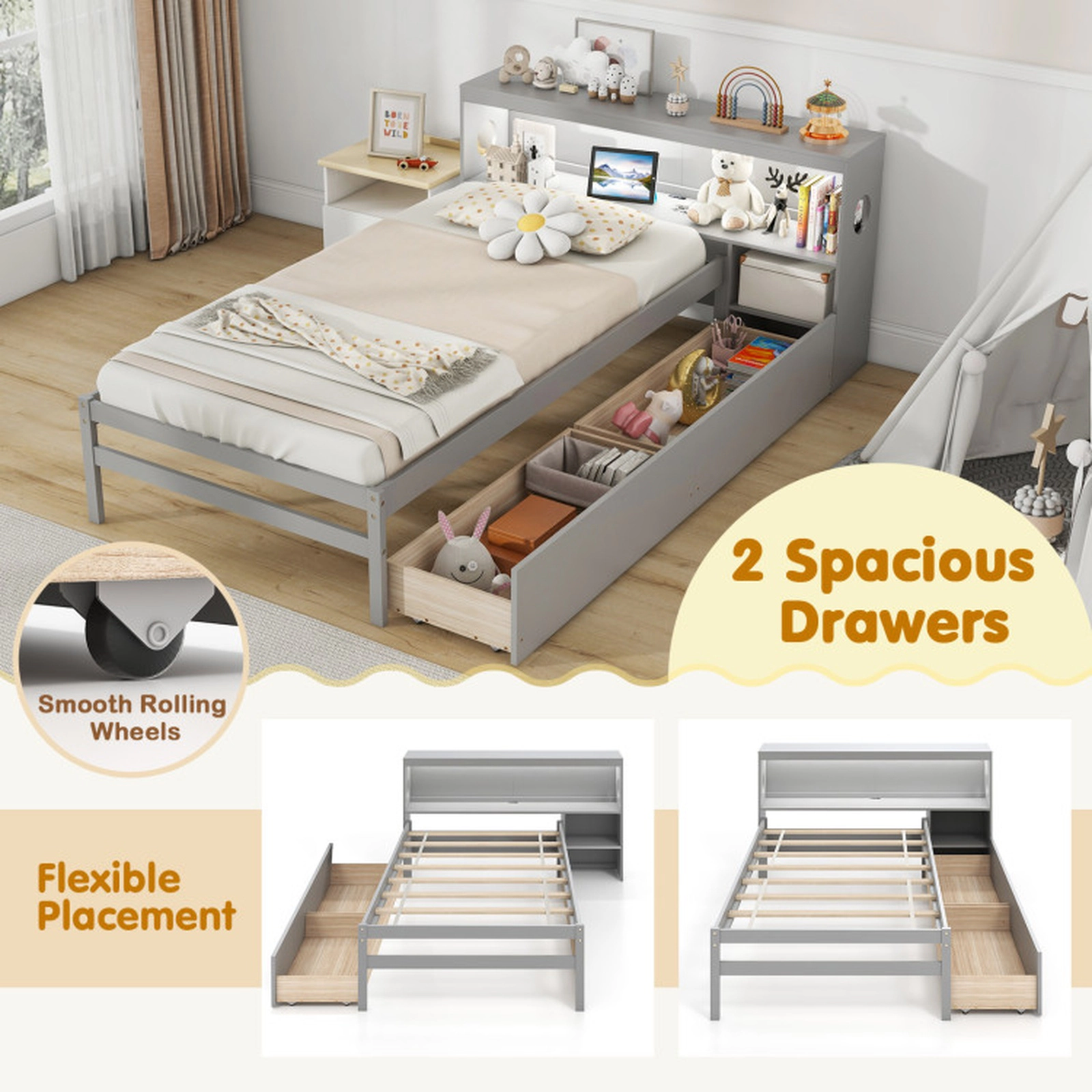 SUGIFT Gray LED Light Bookcase Headboard Drawers and USB Ports Twin Size Bed Frame