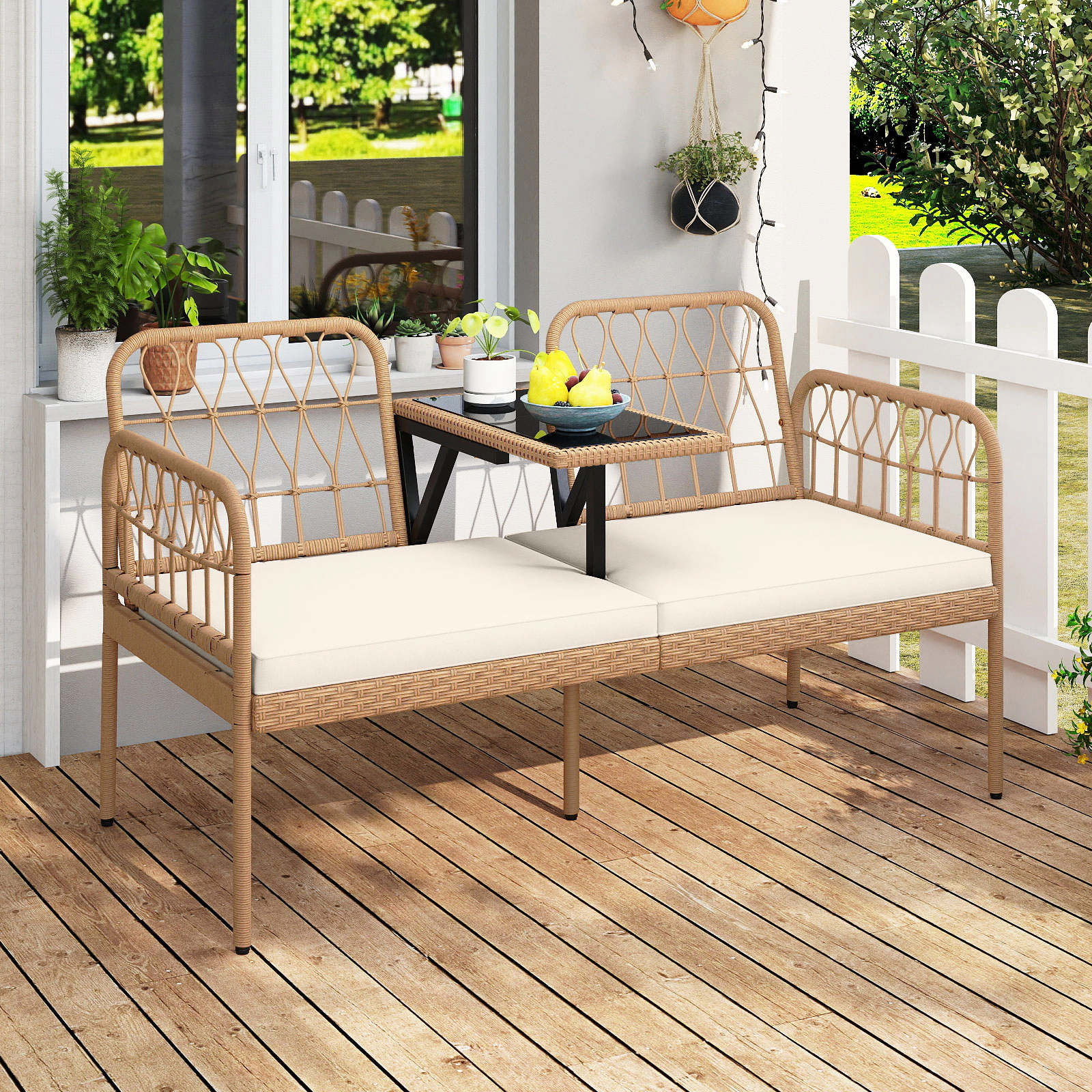 SUGIFT 54-Inch Natural PE Rattan Loveseat with Built-In Glass Table