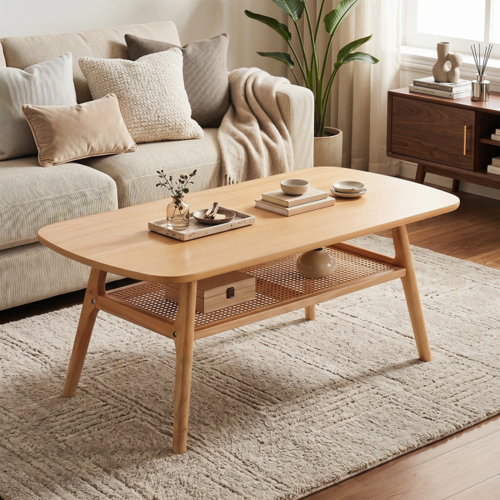 SUGIFT 39.5-in 175-lb Capacity Natural Wood Veneer Boho Rattan Coffee Table with Rounded Corners and Edges