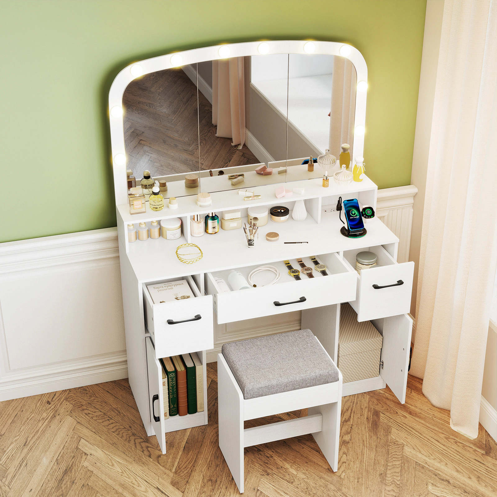 SUGIFT 3-Color Vanity Table and Stool Set with Lighted Mirror and Charging Station and 10 Bulbs in White